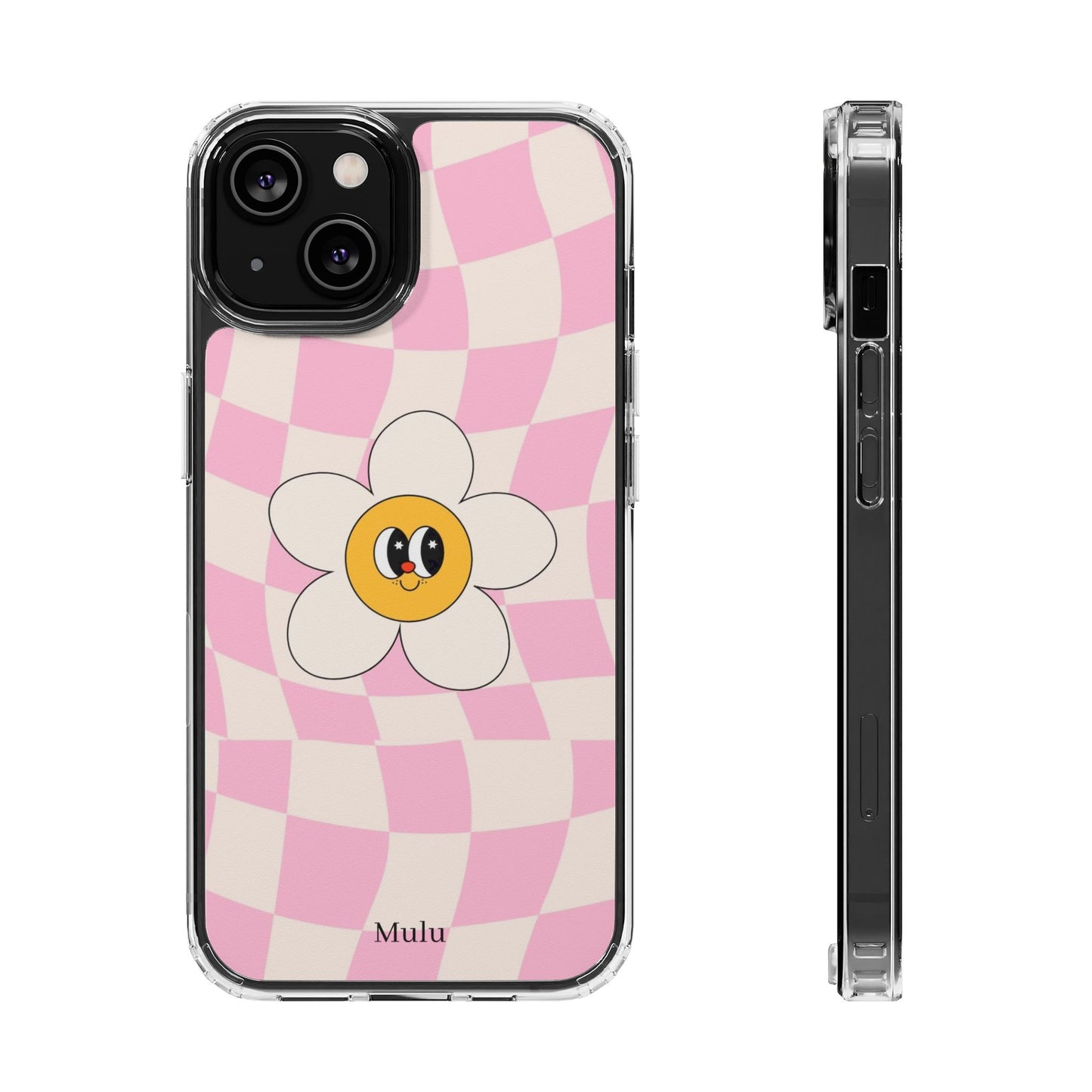 Clear Impact-Resistant Phone Case — Pink Checkerboard Daisy Design
