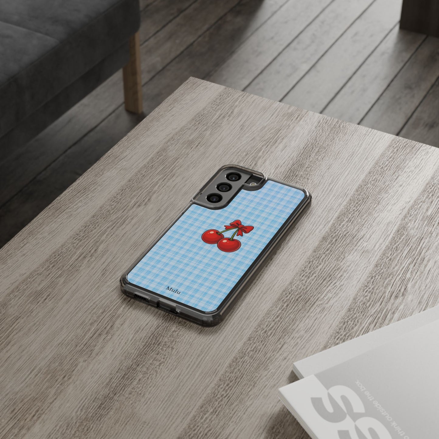 Clear Cherry Gingham Phone Case — Impact-Resistant Clear Case with Red Cherry Design