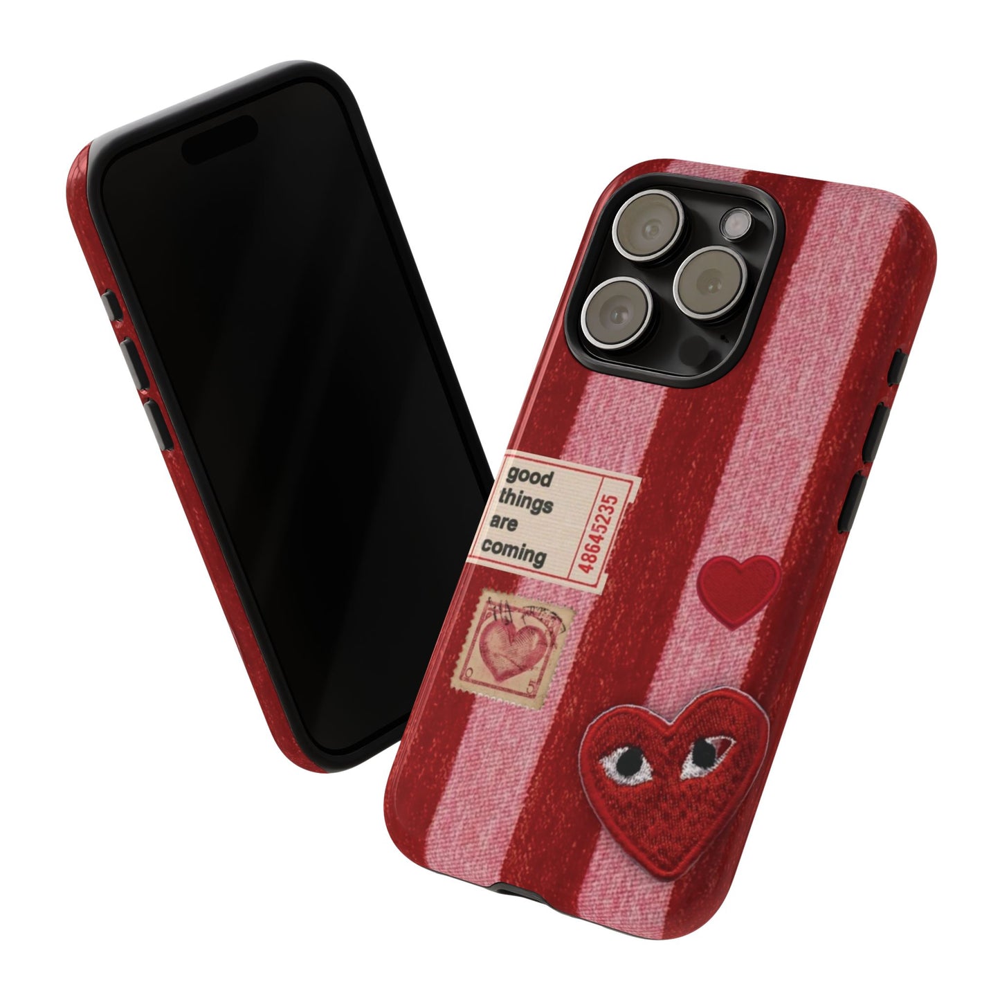 Phone Case — Red Striped Heart Design with “Good Things Are Coming”