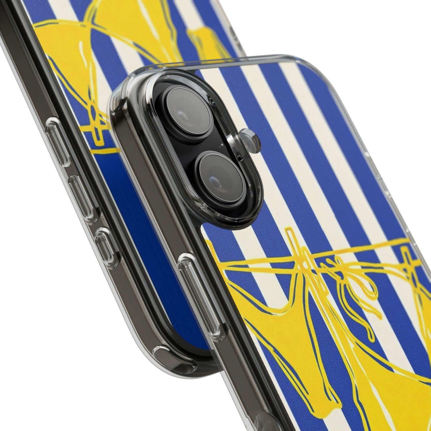 Striped Beach Bikini Phone Case — Yellow Swimwear on Blue & White Stripes, Clear Impact-Resistant