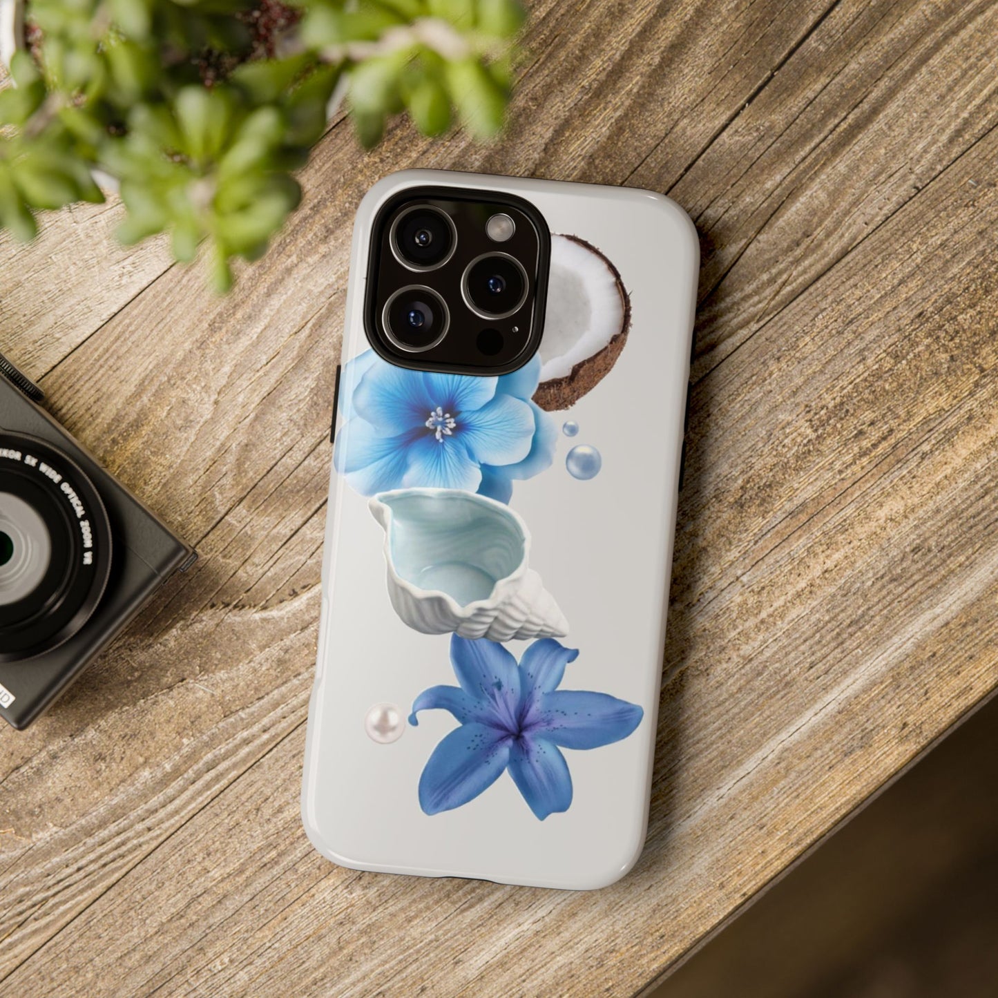 Tropical Blue Floral Phone Case — Coconut, Shell & Starfish Design