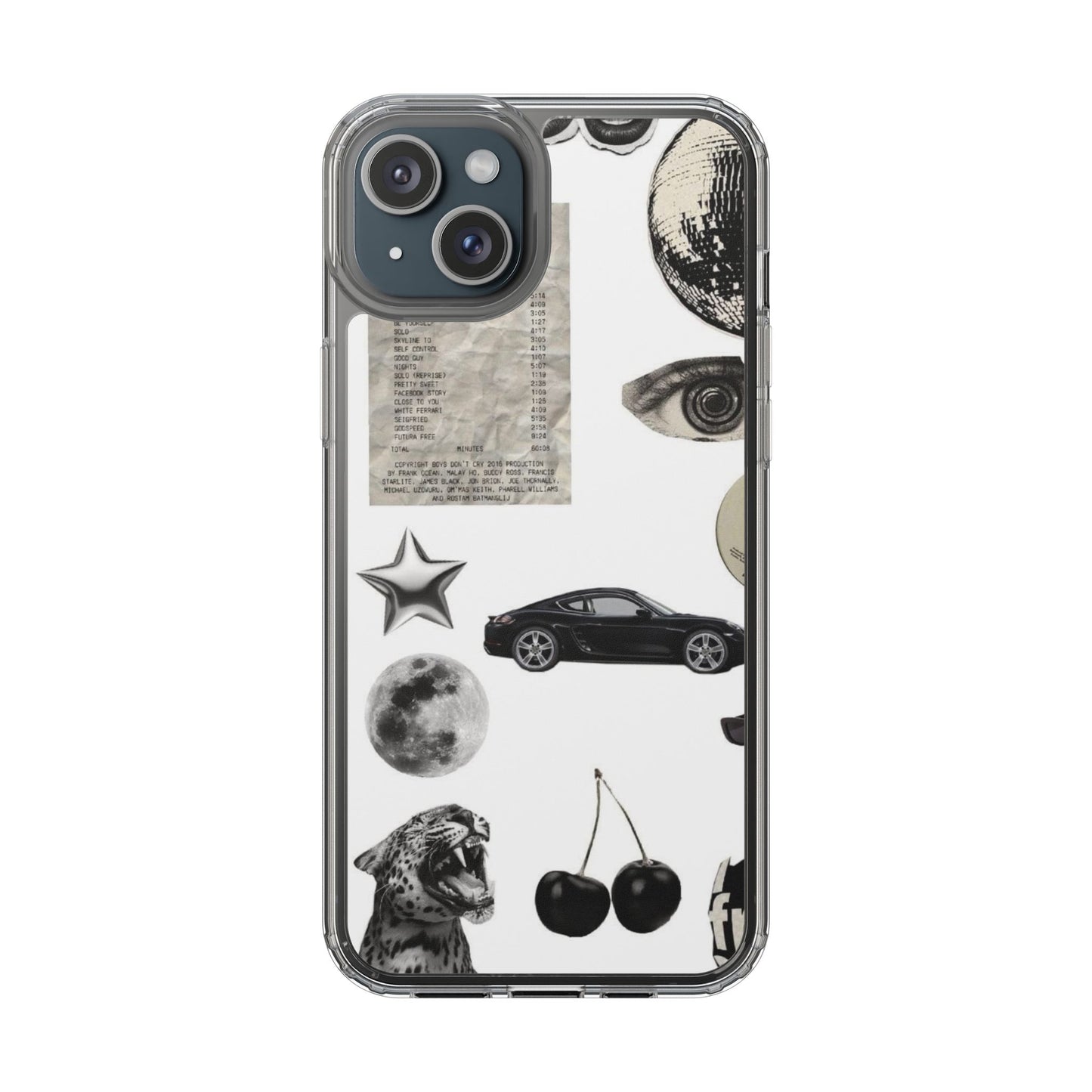 Clear Phone Case — Vintage Collage Stickers (Moon, Eye, Car, Cherries)