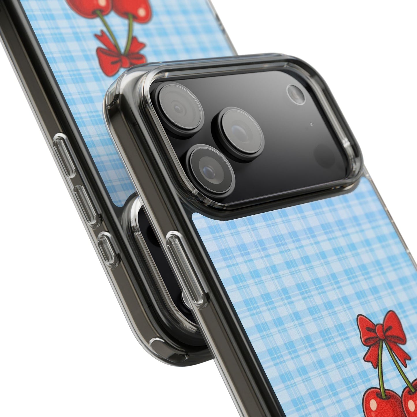 Clear Cherry Gingham Phone Case — Impact-Resistant Clear Case with Red Cherry Design
