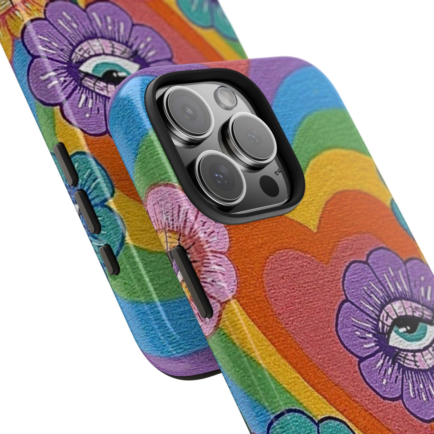 Psychedelic Eye Flower Tough Phone Case — Retro Rainbow Protective iPhone Cover