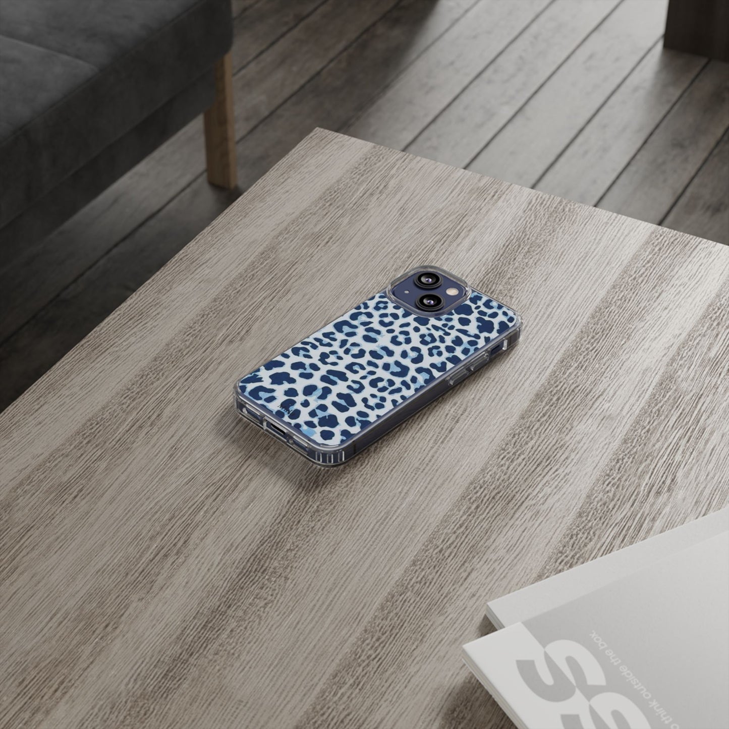 Clear Impact-Resistant Phone Case — Blue Watercolor Leopard Print