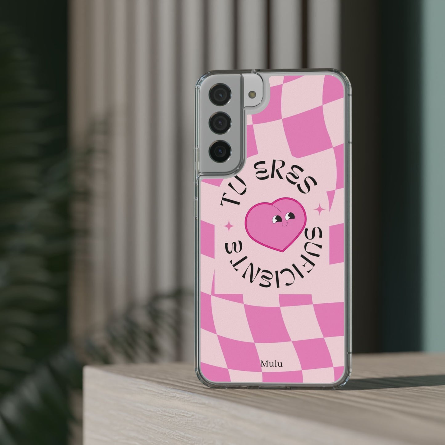 Clear Impact-Resistant Phone Case — Pink Checkerheart “Tu Eres Suficiente” Design