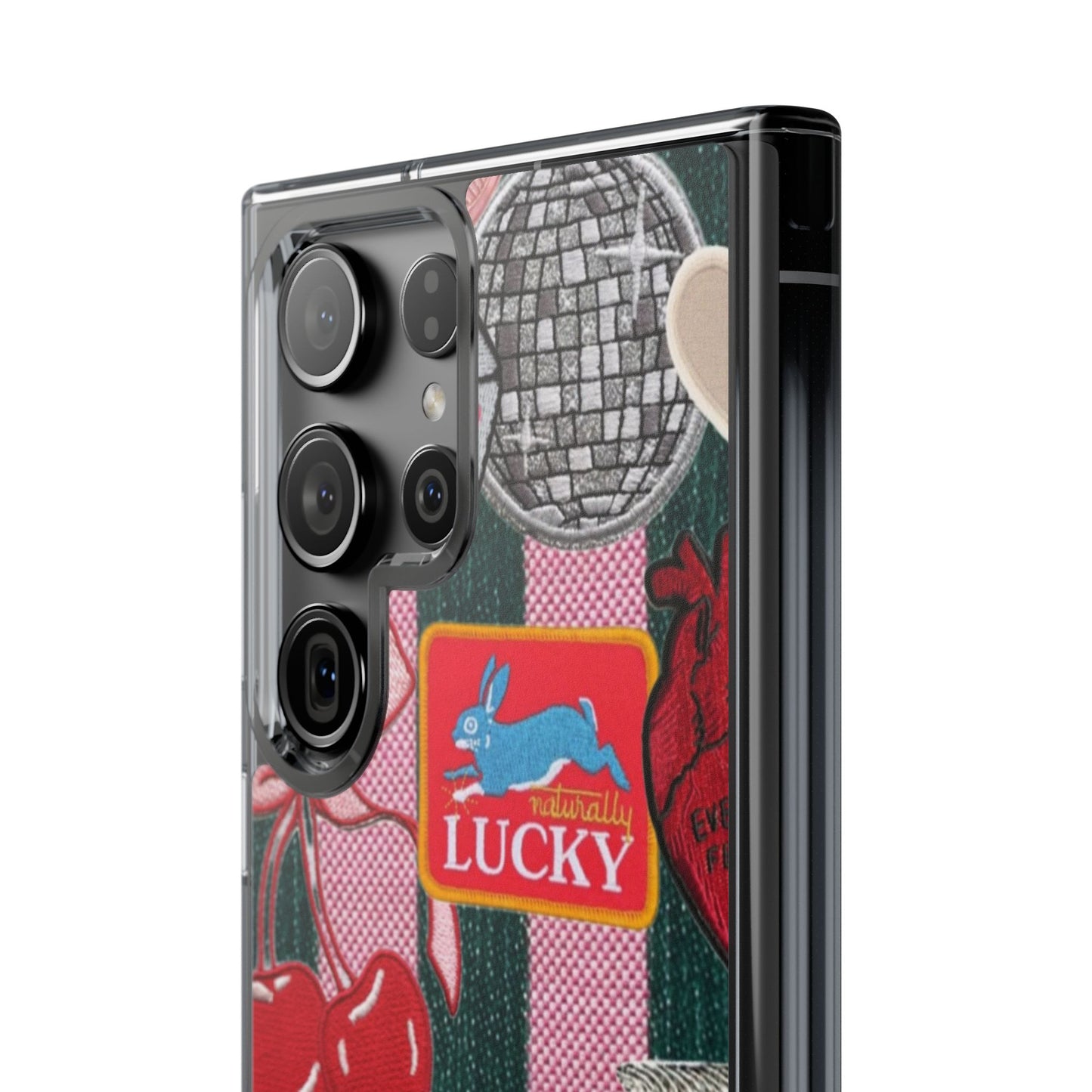 Clear Impact-Resistant Phone Case — Retro Patchwork Stickers (Lucky, Cherries, Silly Goose)