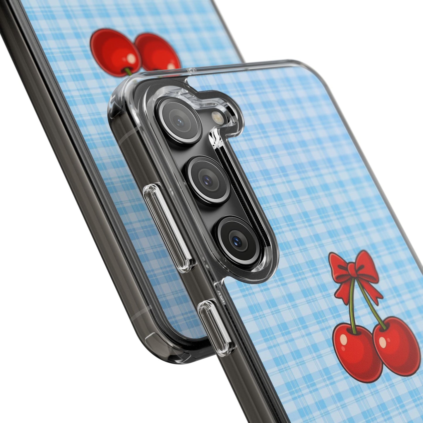 Clear Cherry Gingham Phone Case — Impact-Resistant Clear Case with Red Cherry Design