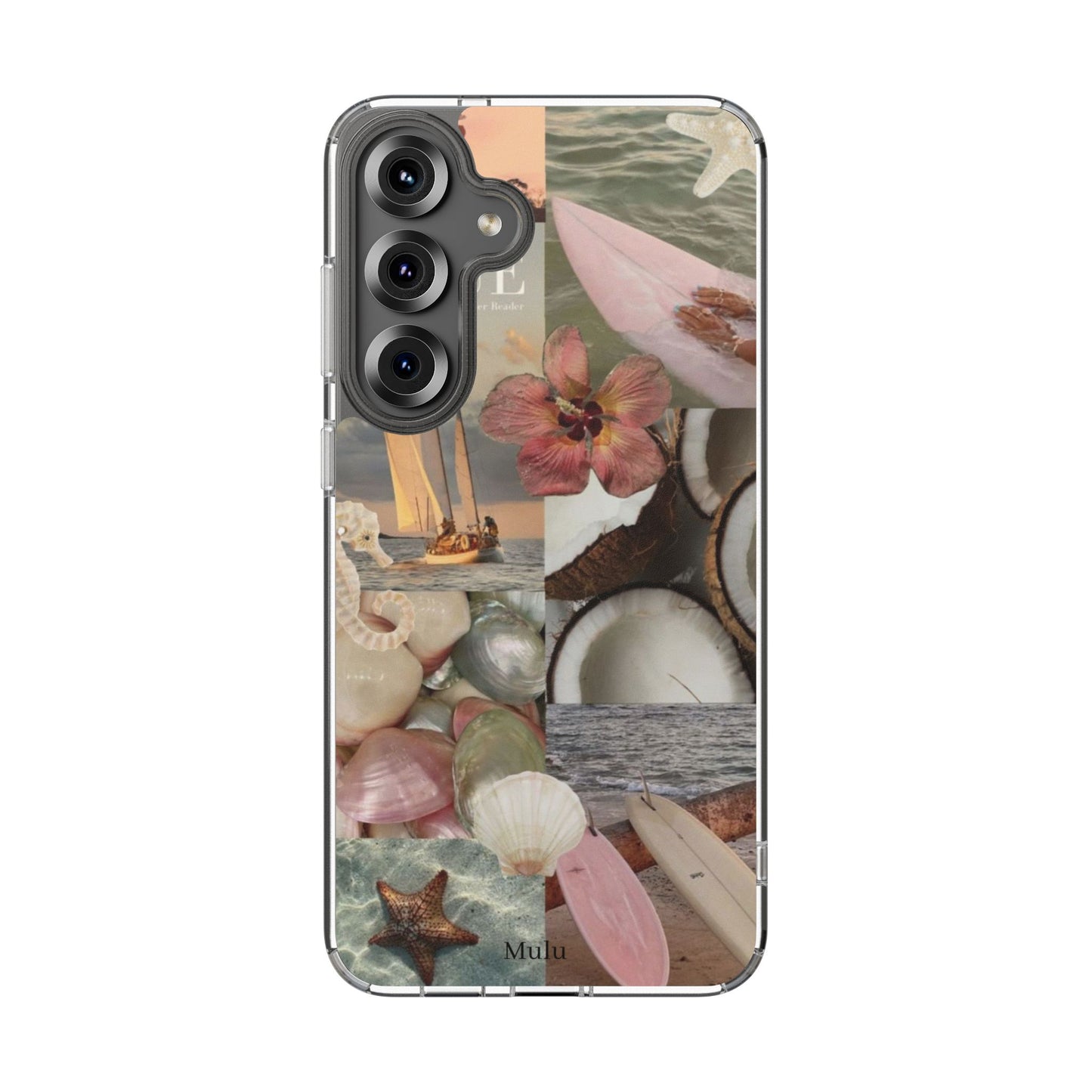 Clear Phone Case — Coastal Collage Shells & Surf Design