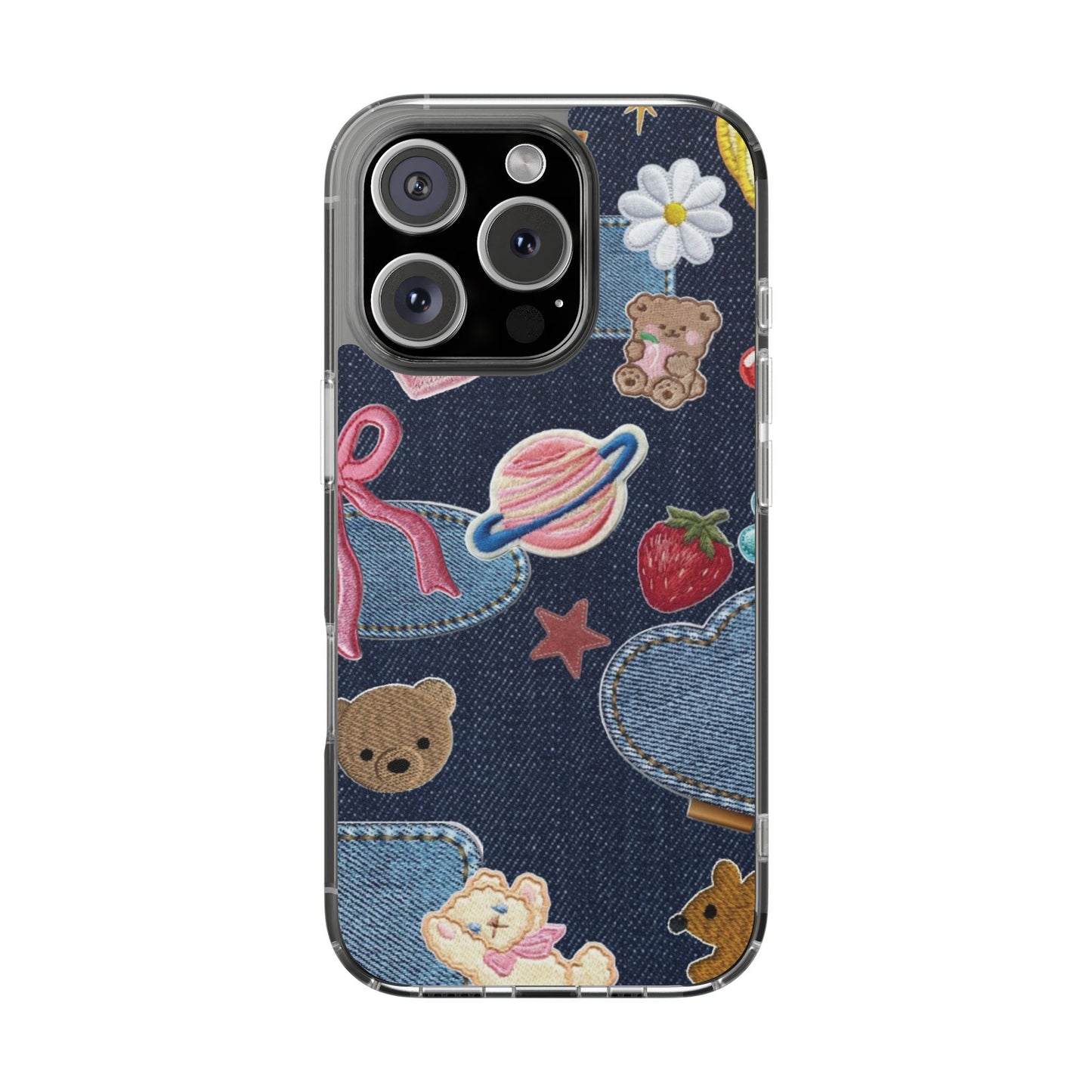 Clear Impact-Resistant Phone Case — Cute Denim Patch Collage (Teddy, Strawberry, Planet)