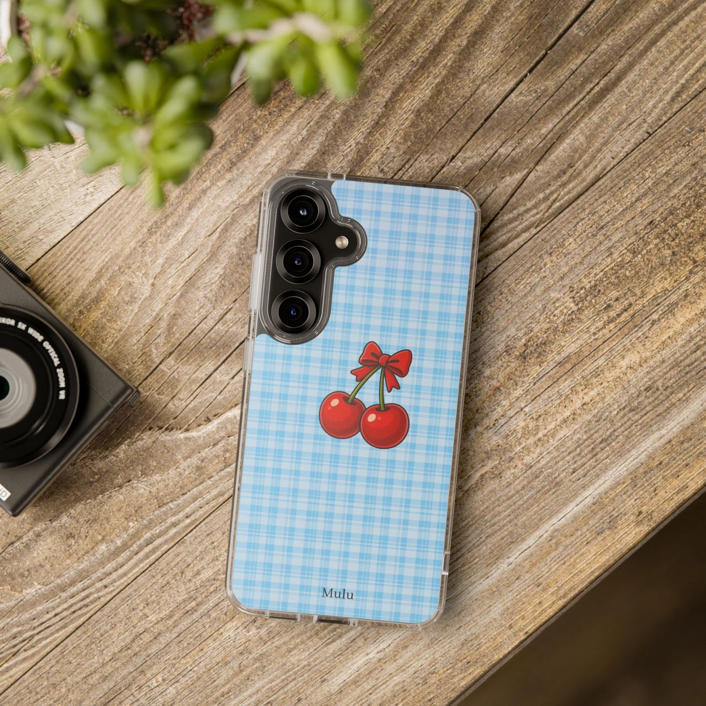 Clear Cherry Gingham Phone Case — Impact-Resistant Clear Case with Red Cherry Design