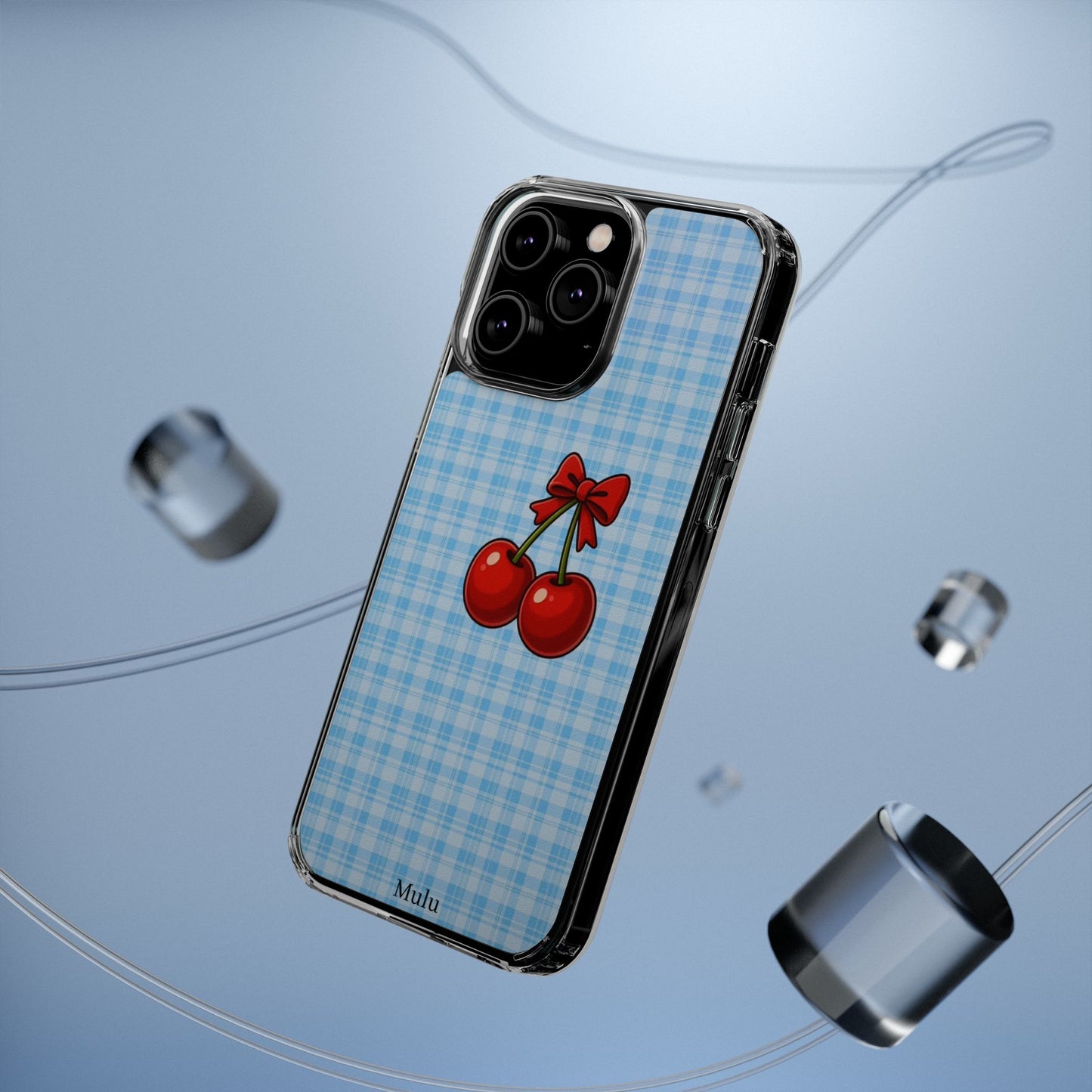 Clear Cherry Gingham Phone Case — Impact-Resistant Clear Case with Red Cherry Design
