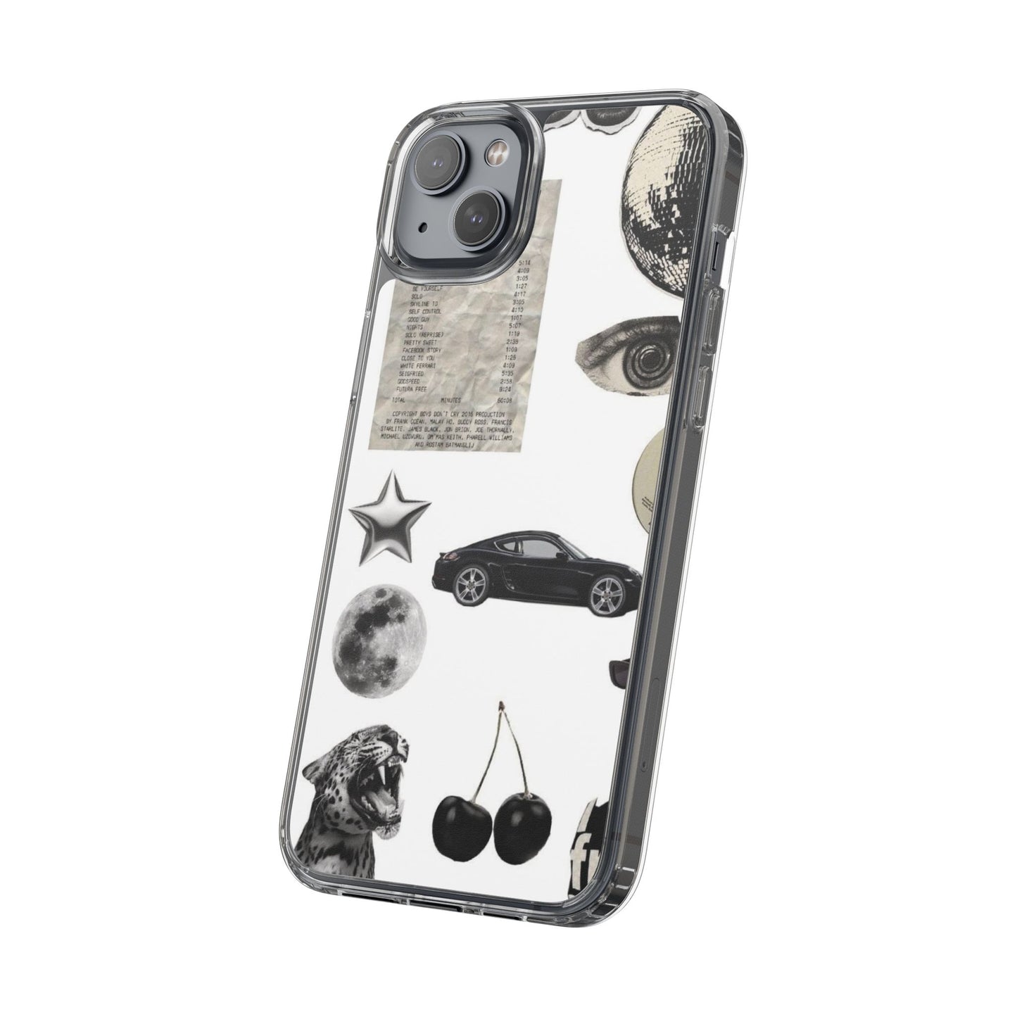 Clear Phone Case — Vintage Collage Stickers (Moon, Eye, Car, Cherries)