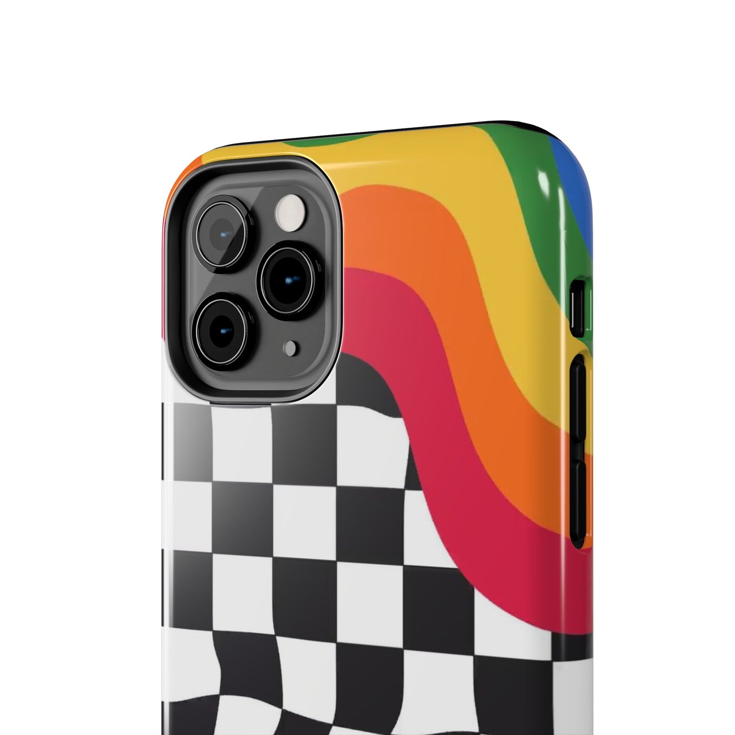 Retro Wavy Checkerboard Tough Phone Case — Rainbow Surf Skate Design