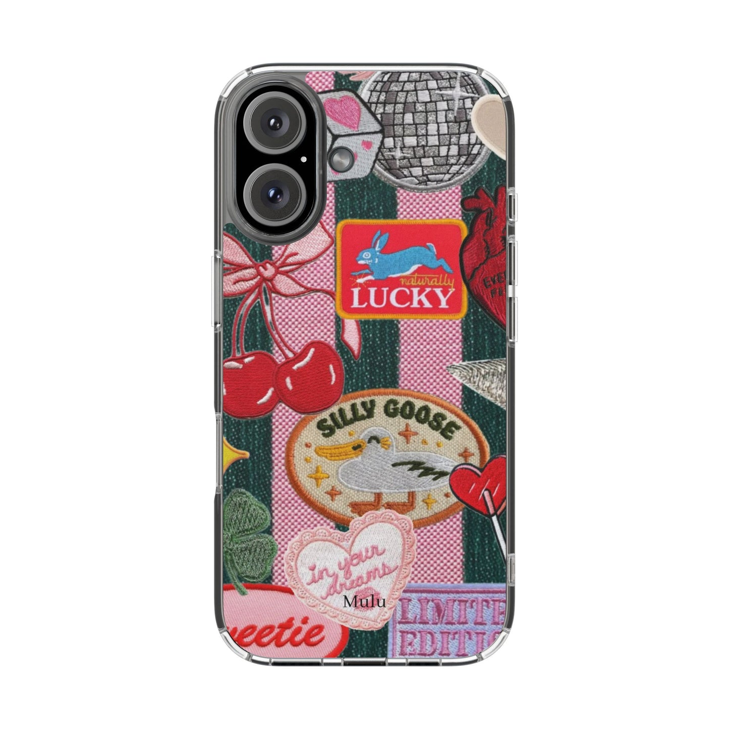 Clear Impact-Resistant Phone Case — Retro Patchwork Stickers (Lucky, Cherries, Silly Goose)