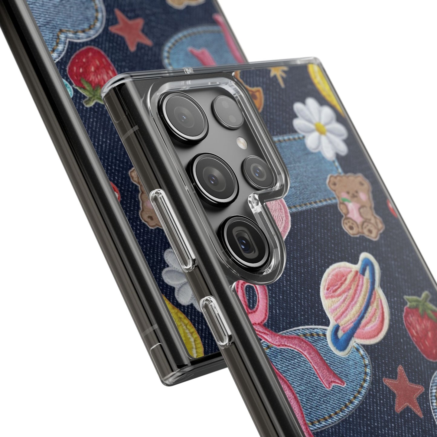 Clear Impact-Resistant Phone Case — Cute Denim Patch Collage (Teddy, Strawberry, Planet)