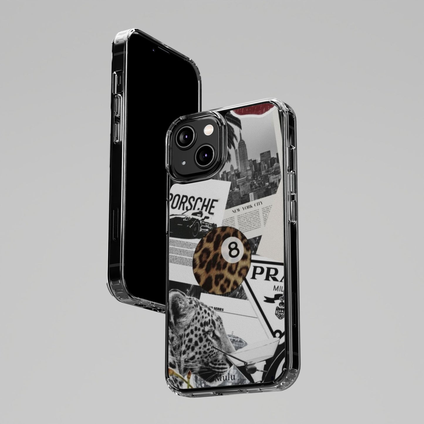 Clear Impact-Resistant Phone Case — Collage Luxury Leopard & Vintage Car Design