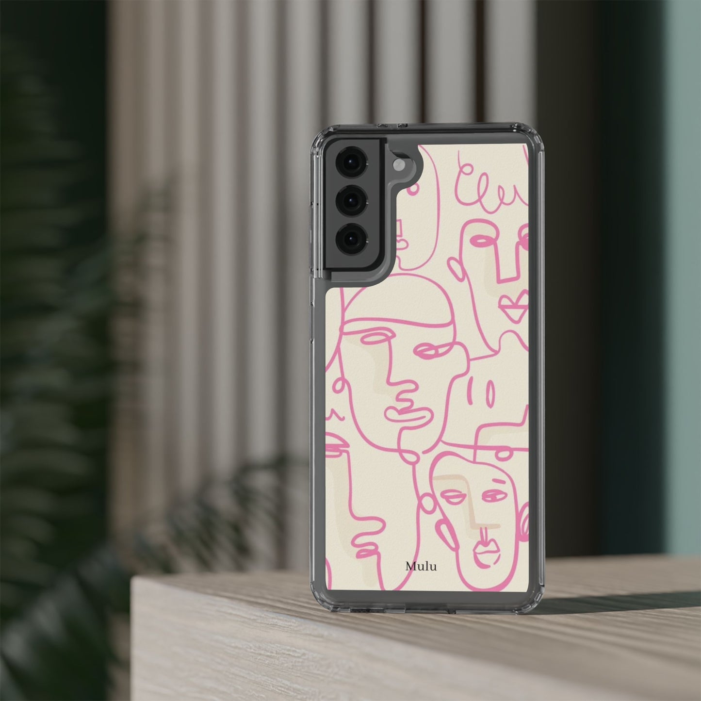 Clear Impact-Resistant Phone Case — Pink Minimalist Line Faces Design