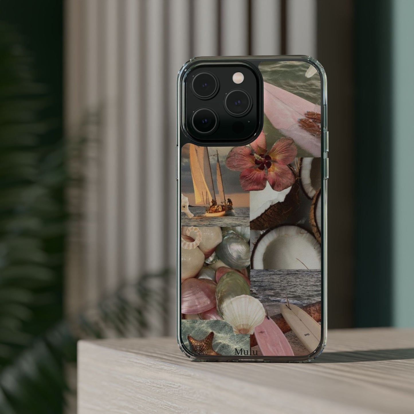 Clear Phone Case — Coastal Collage Shells & Surf Design