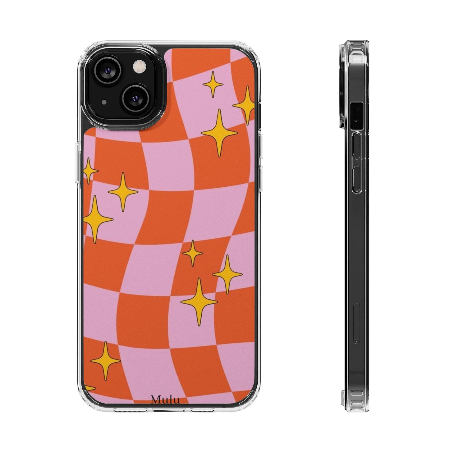 Clear Impact-Resistant Case — Retro Pink & Orange Checker with Sparkle Stars