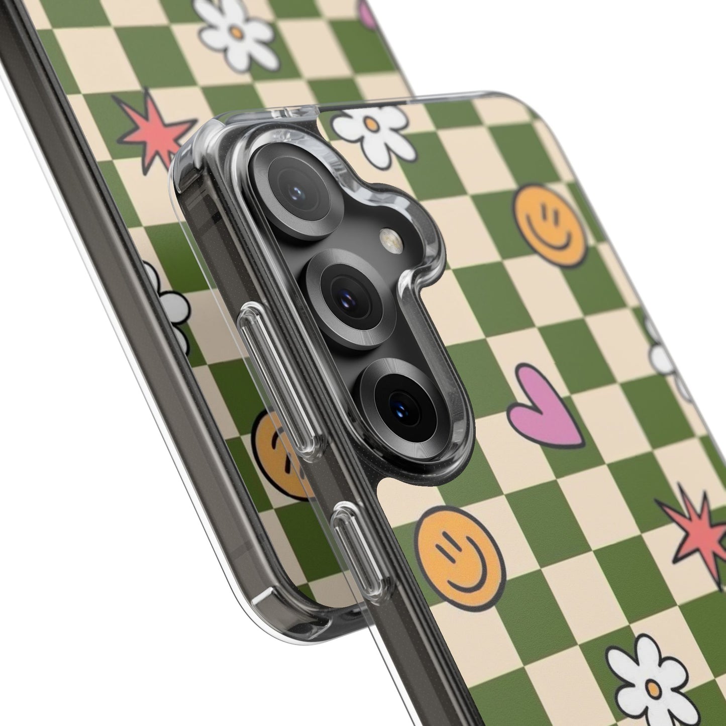 Clear Impact-Resistant Case — Retro Green Checkerboard with Smiley, Hearts & Flowers