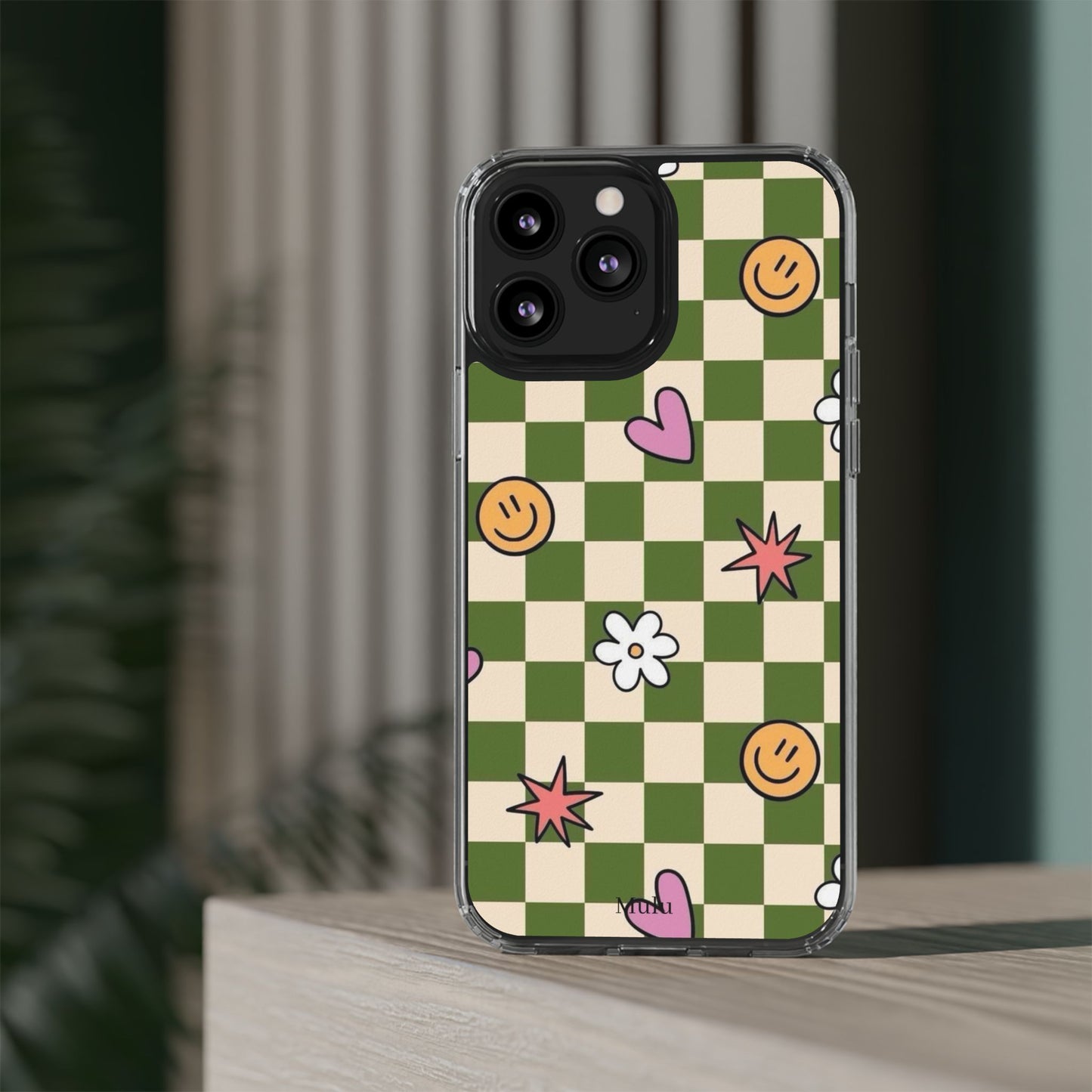 Clear Impact-Resistant Case — Retro Green Checkerboard with Smiley, Hearts & Flowers