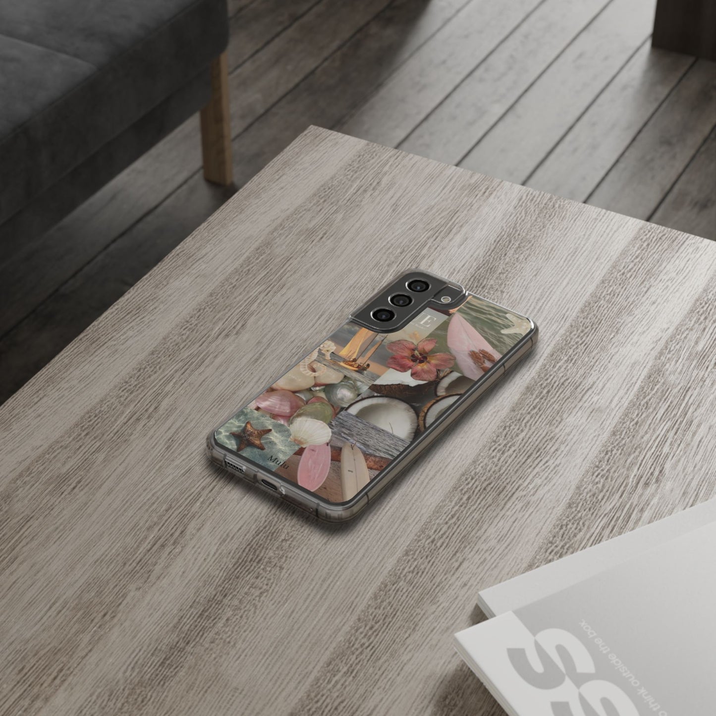 Clear Phone Case — Coastal Collage Shells & Surf Design