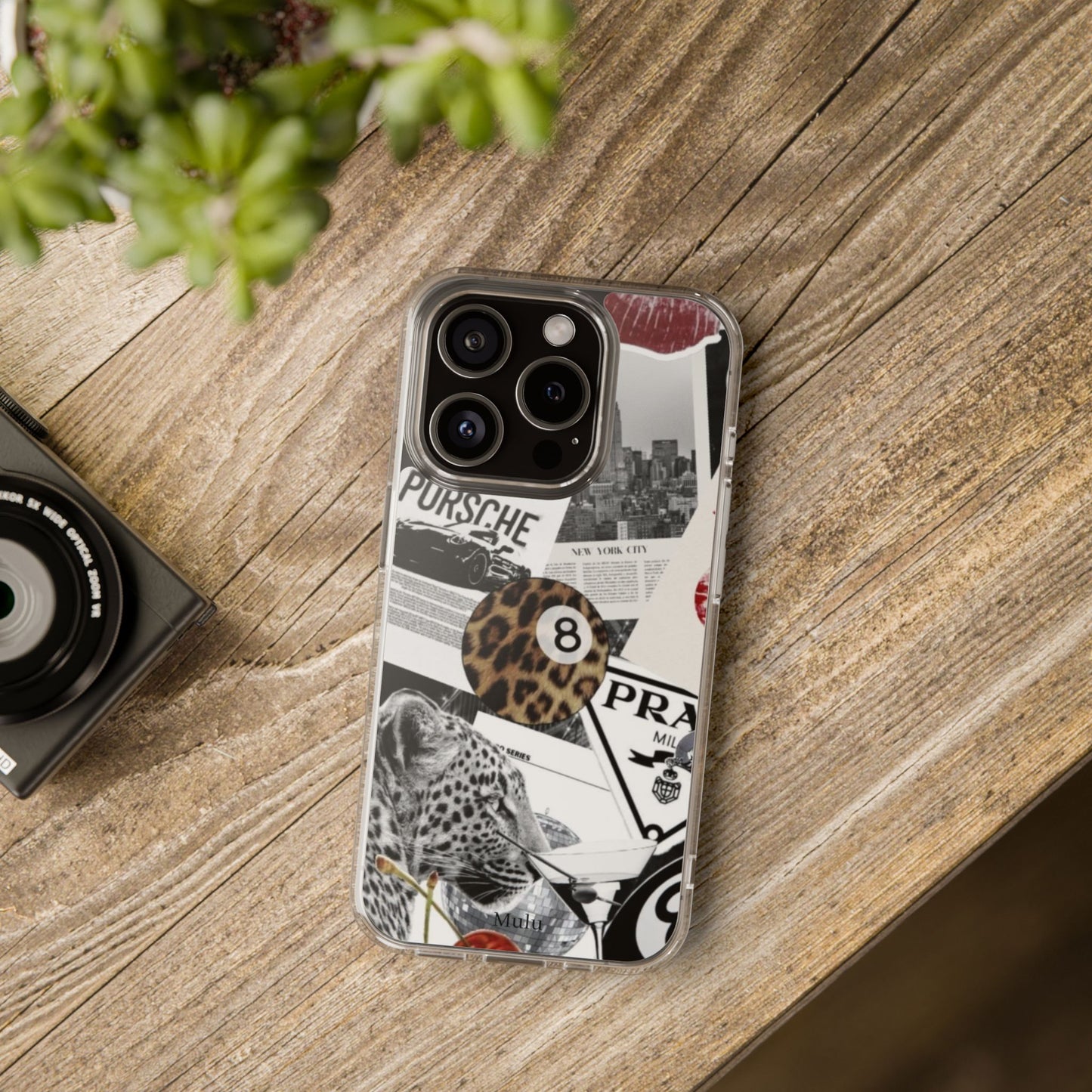 Clear Impact-Resistant Phone Case — Collage Luxury Leopard & Vintage Car Design