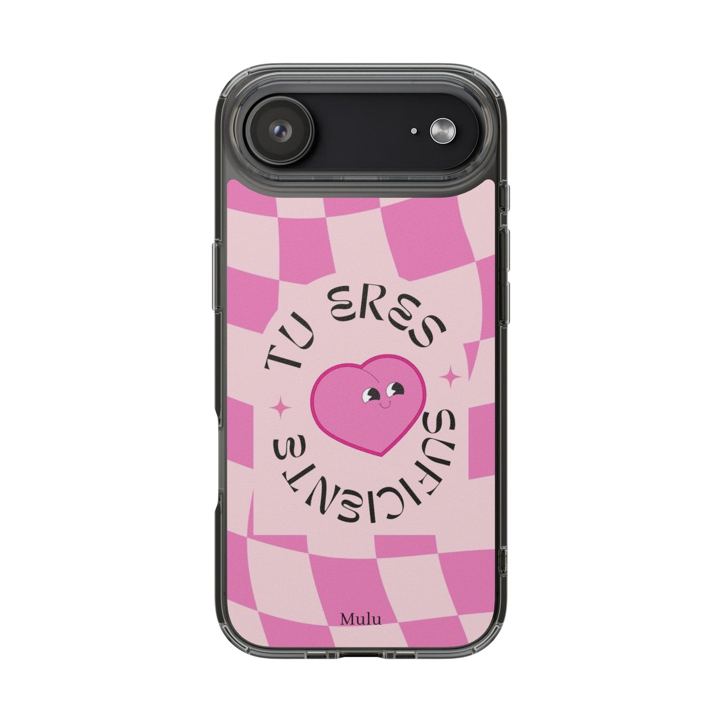 Clear Impact-Resistant Phone Case — Pink Checkerheart “Tu Eres Suficiente” Design