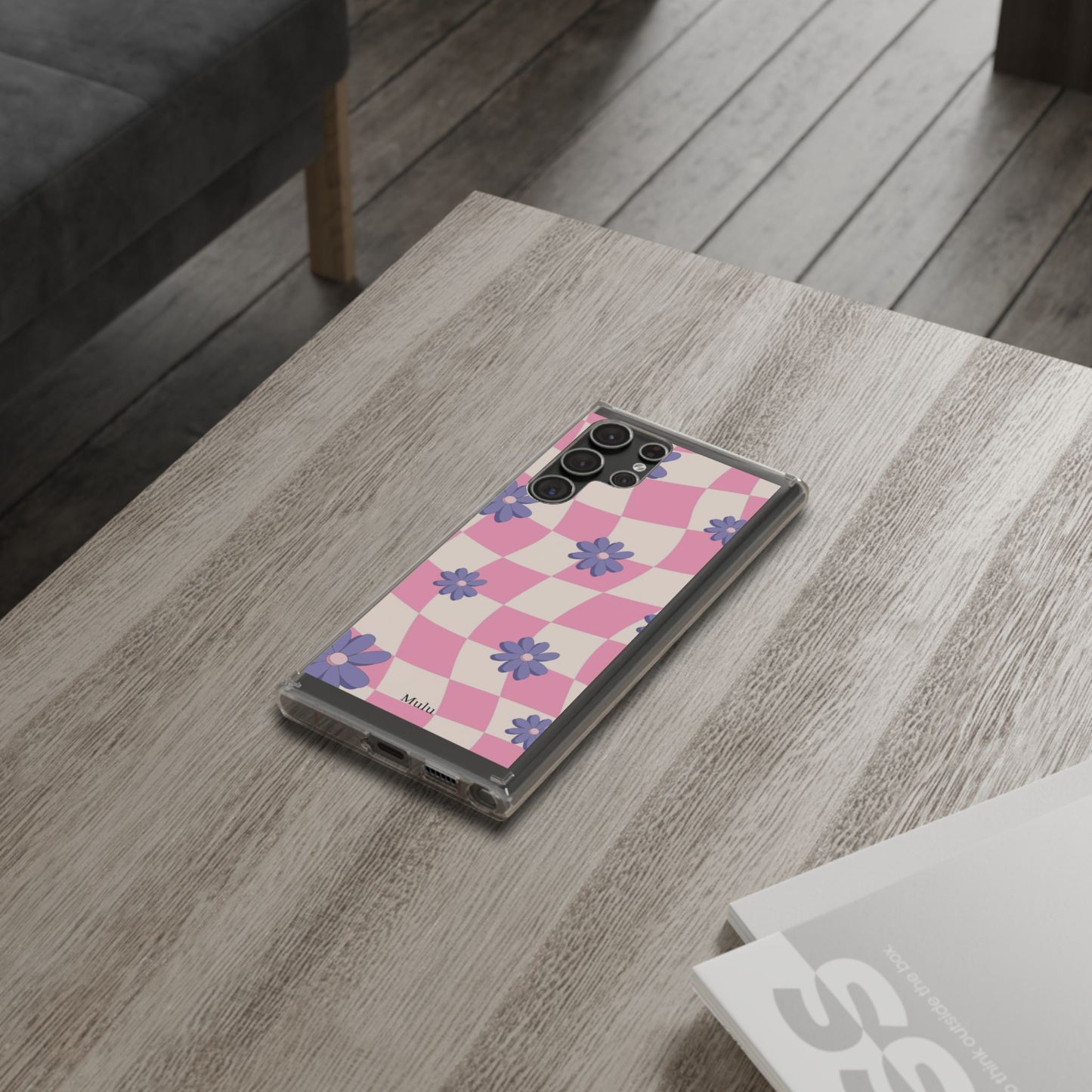 Clear Impact Phone Case — Pink Checkerboard with Purple Flowers