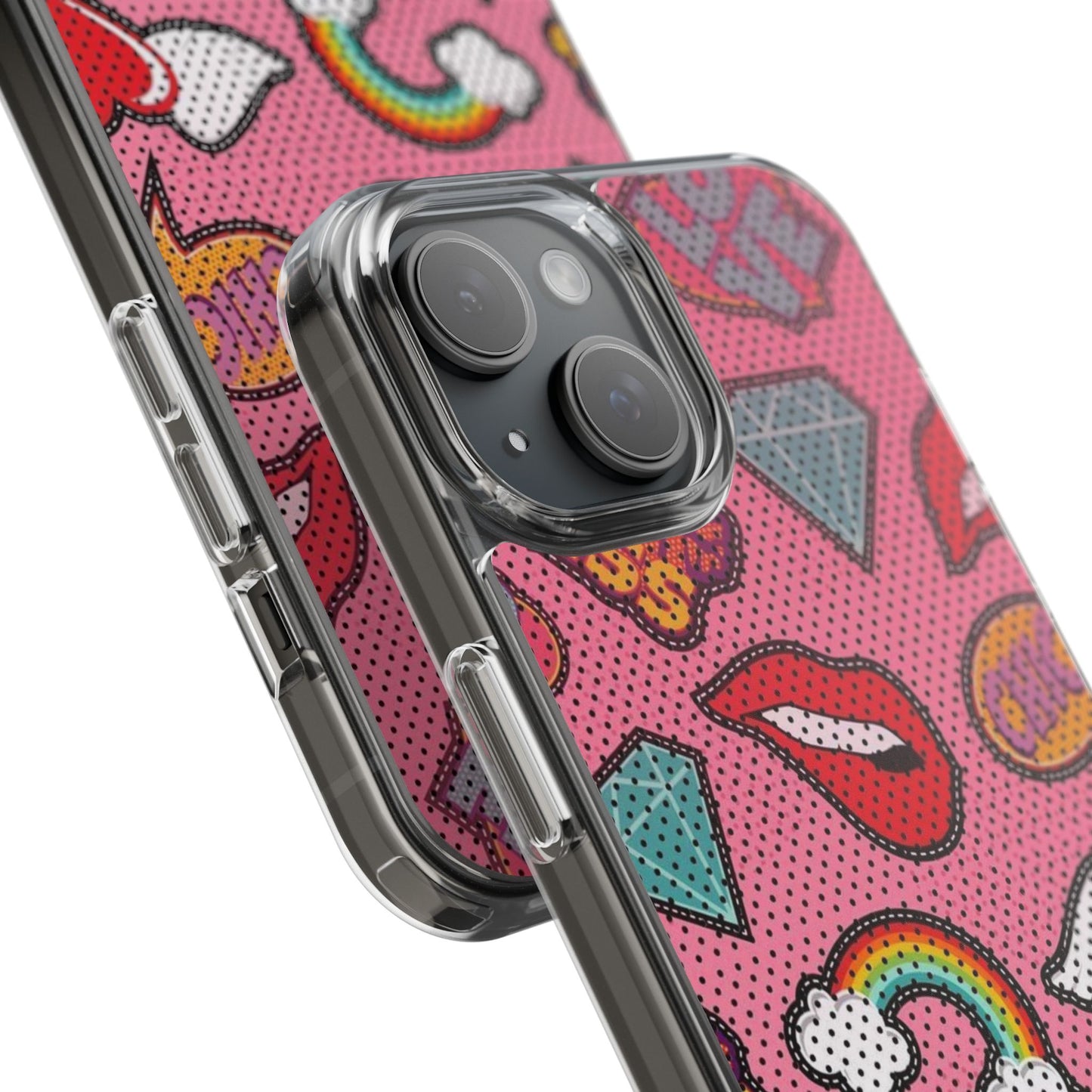 Clear Impact-Resistant Phone Case — Pink Pop Sticker Pattern (Hearts, Rainbows, Smileys)