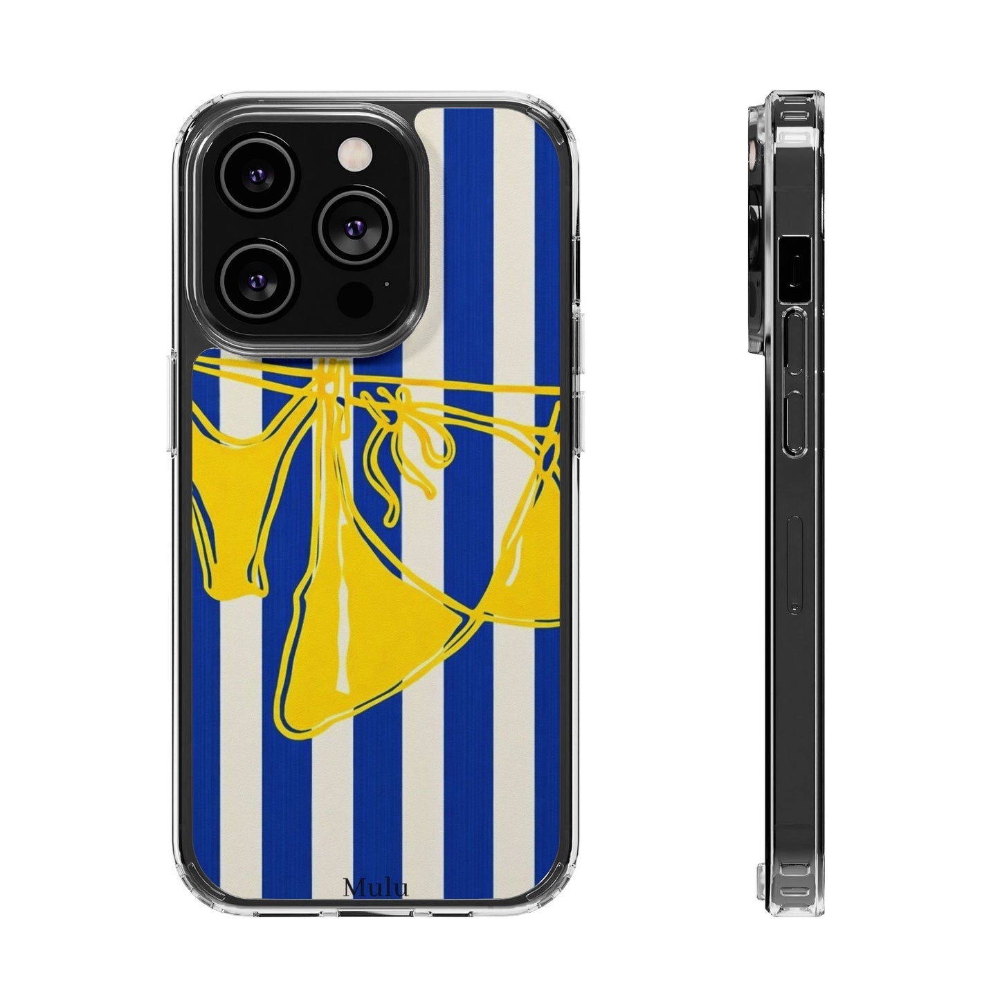 Striped Beach Bikini Phone Case — Yellow Swimwear on Blue & White Stripes, Clear Impact-Resistant