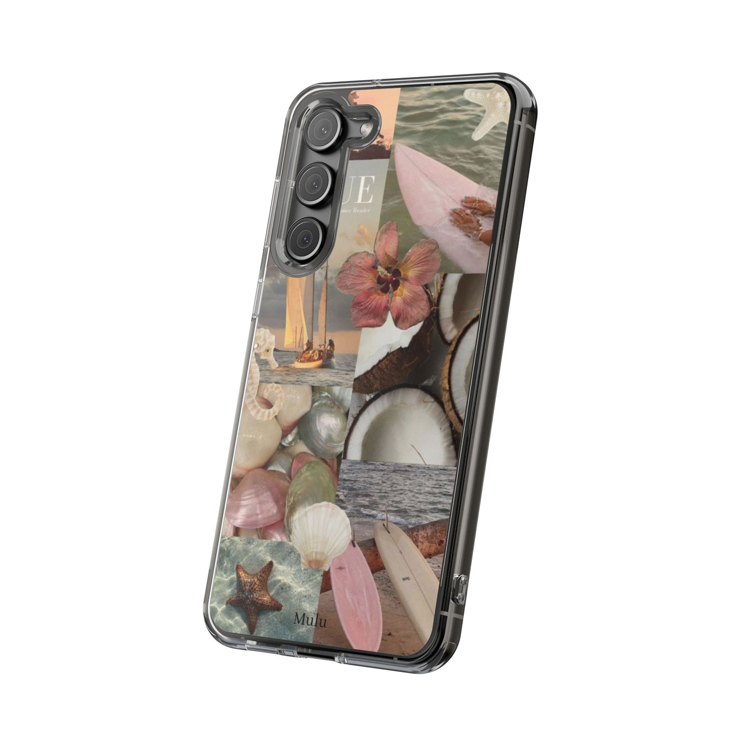 Clear Phone Case — Coastal Collage Shells & Surf Design