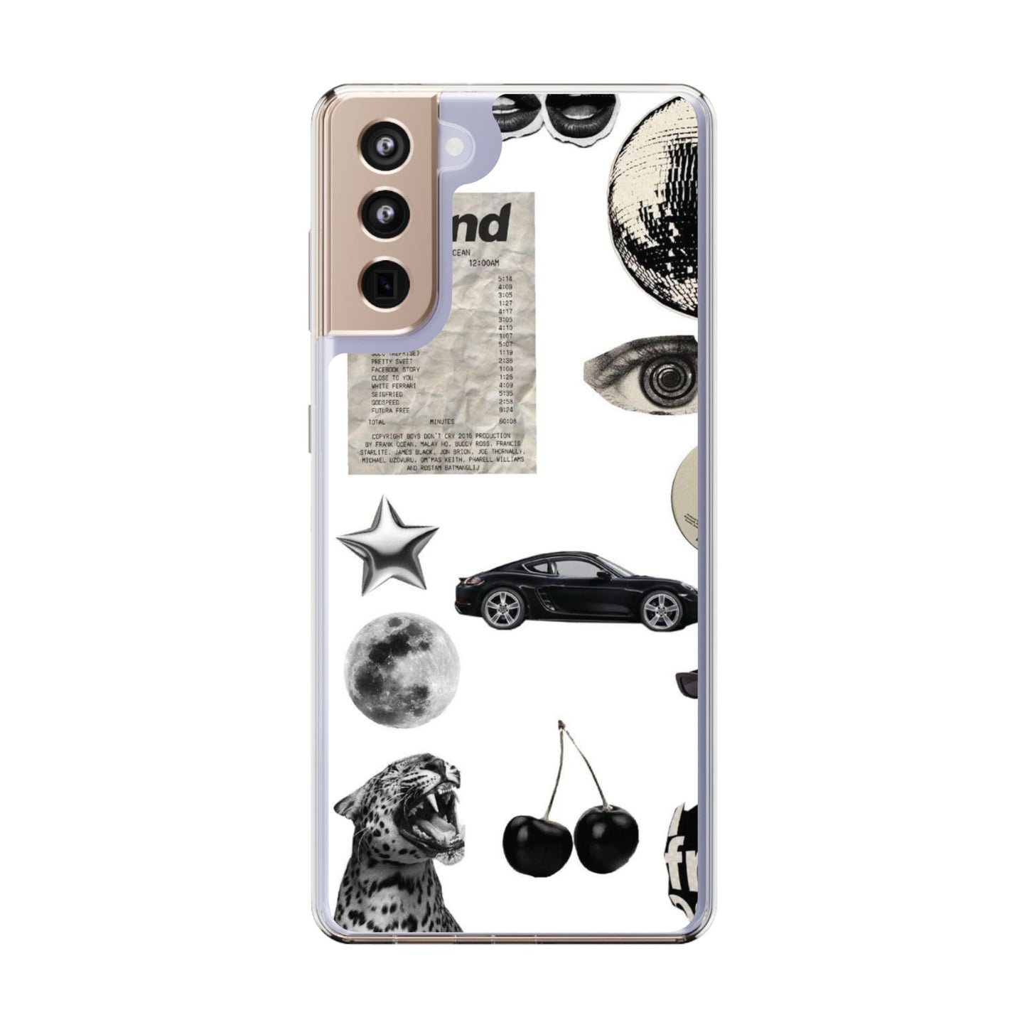 Clear Phone Case — Vintage Collage Stickers (Moon, Eye, Car, Cherries)