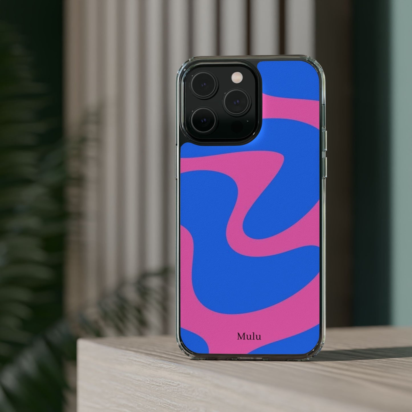 Clear Impact-Resistant Phone Case — Retro Blue & Pink Abstract Swirl