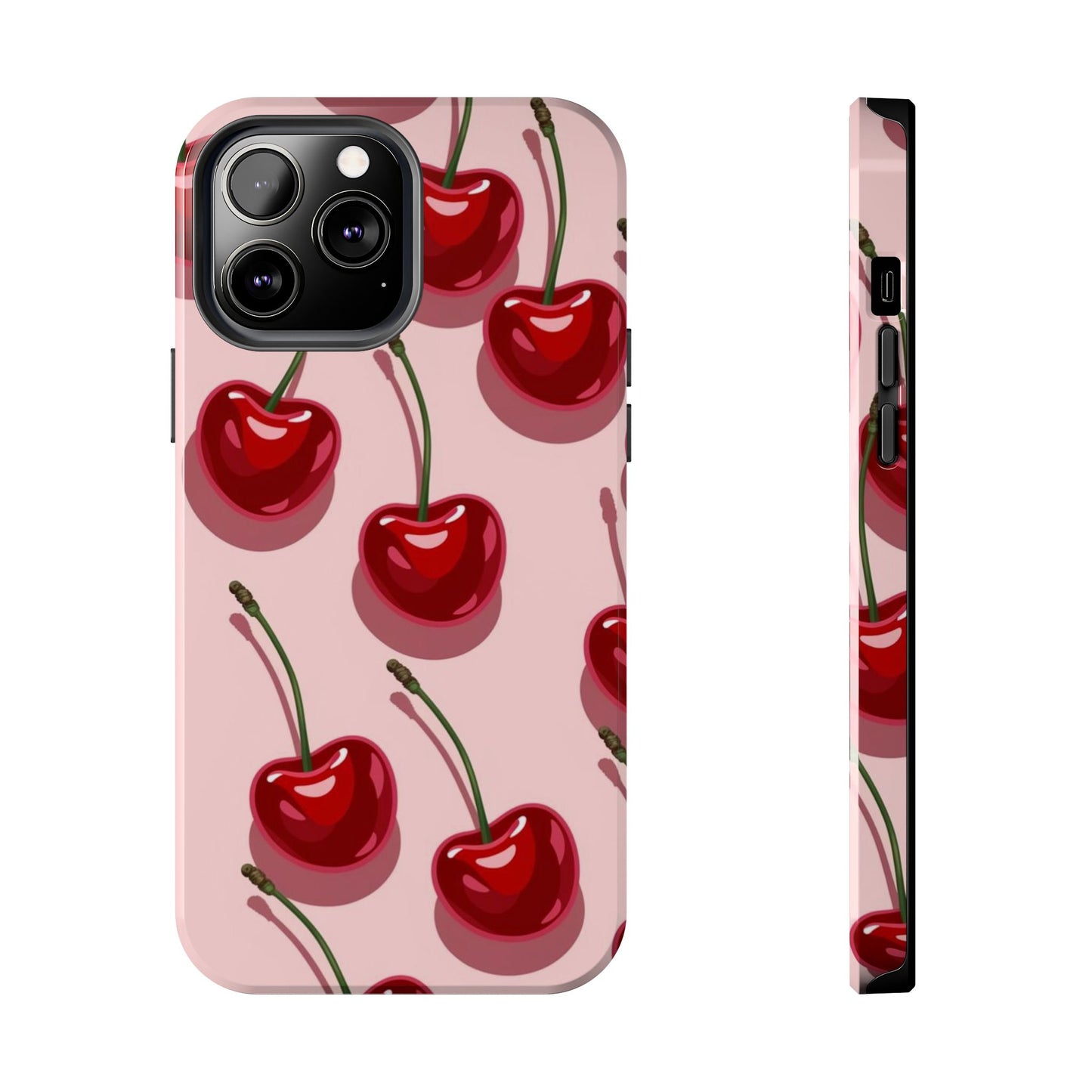 Cherry Pattern Tough Phone Case — Retro Pink Cherry Print Protective Phone Case
