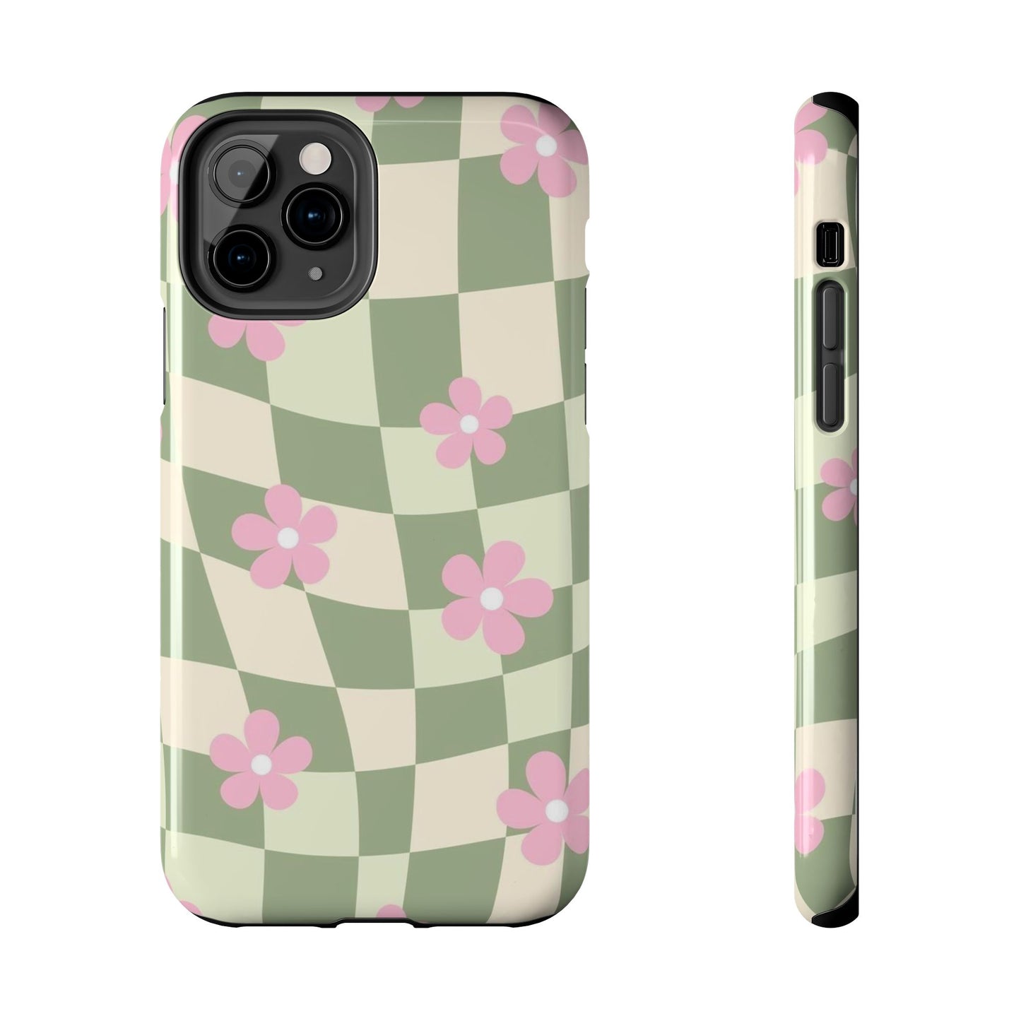 Tough Phone Case — Retro Green Checkerboard with Pink Flowers