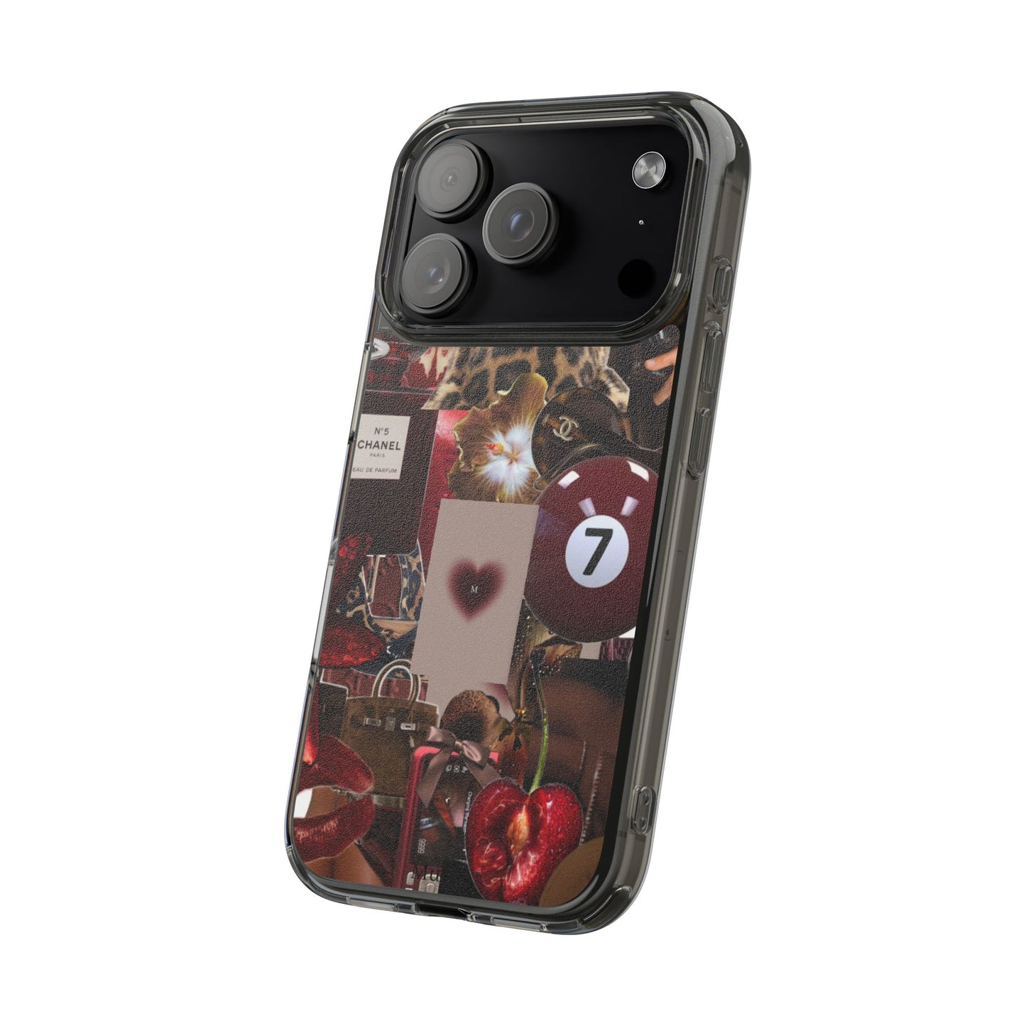 Clear Impact-Resistant Phone Case — Retro Cherry Collage Design
