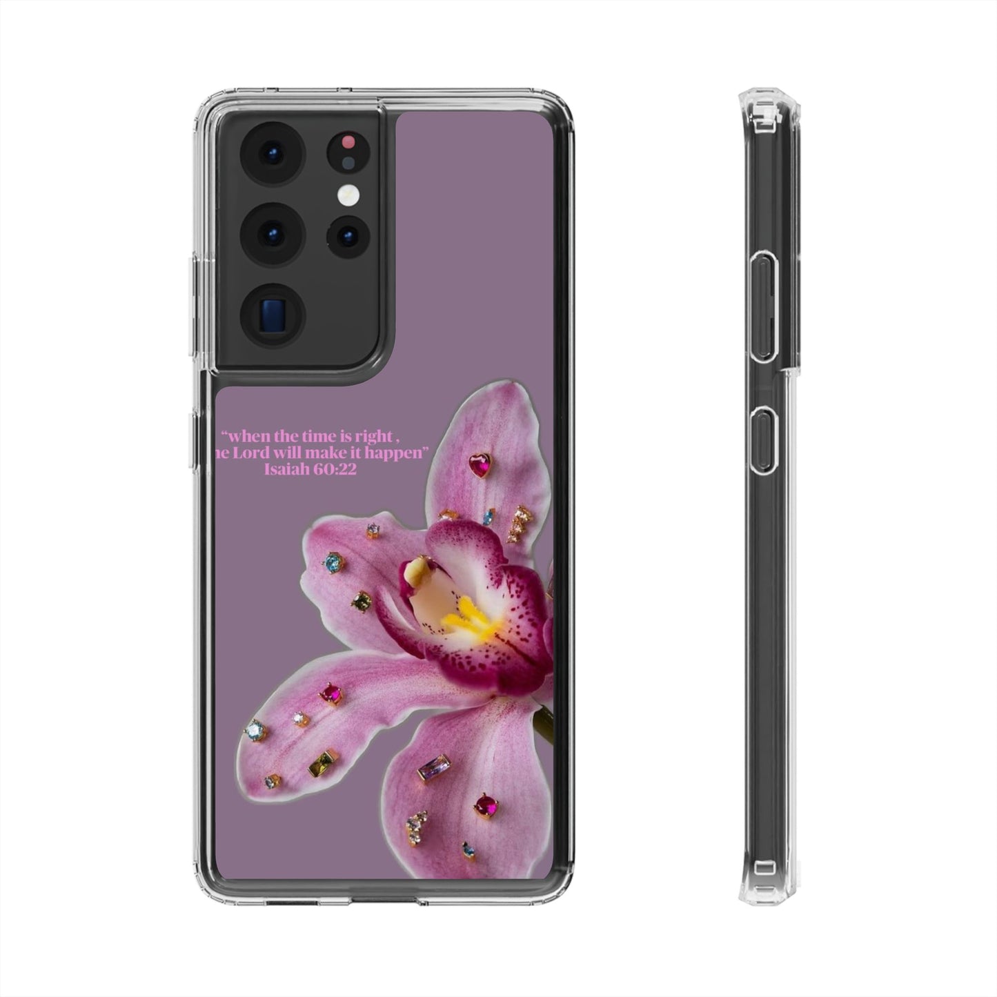 Clear Floral Impact-Resistant Phone Case — "When the time is right" Rose Orchid Design