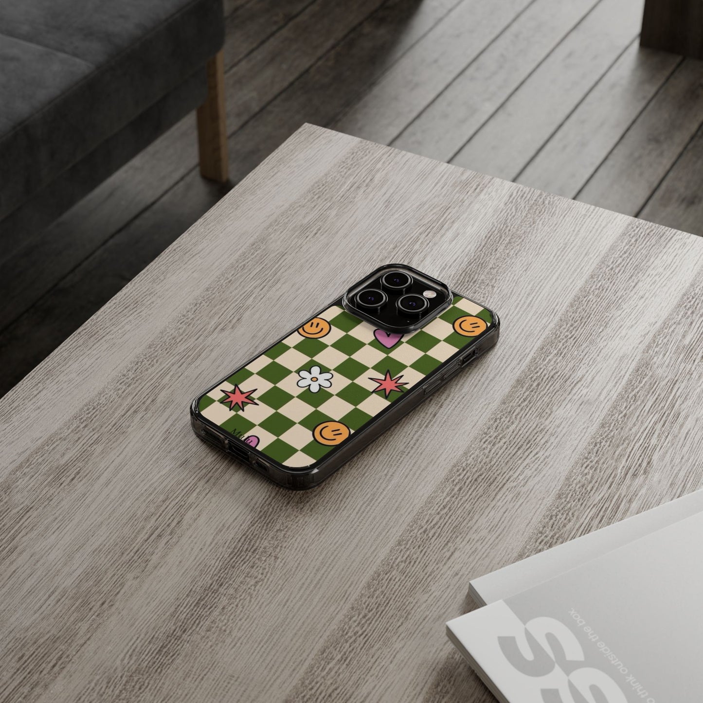 Clear Impact-Resistant Case — Retro Green Checkerboard with Smiley, Hearts & Flowers