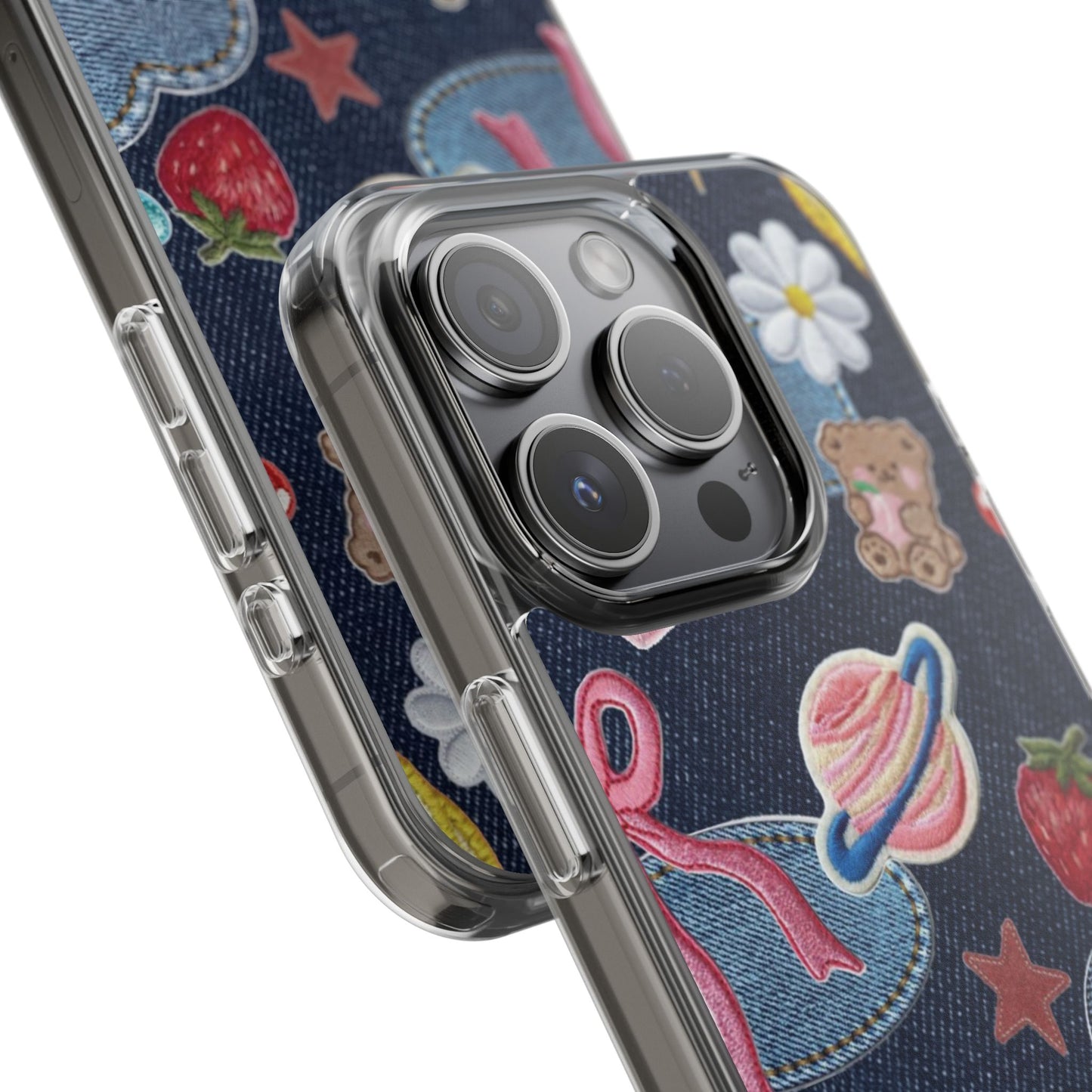 Clear Impact-Resistant Phone Case — Cute Denim Patch Collage (Teddy, Strawberry, Planet)