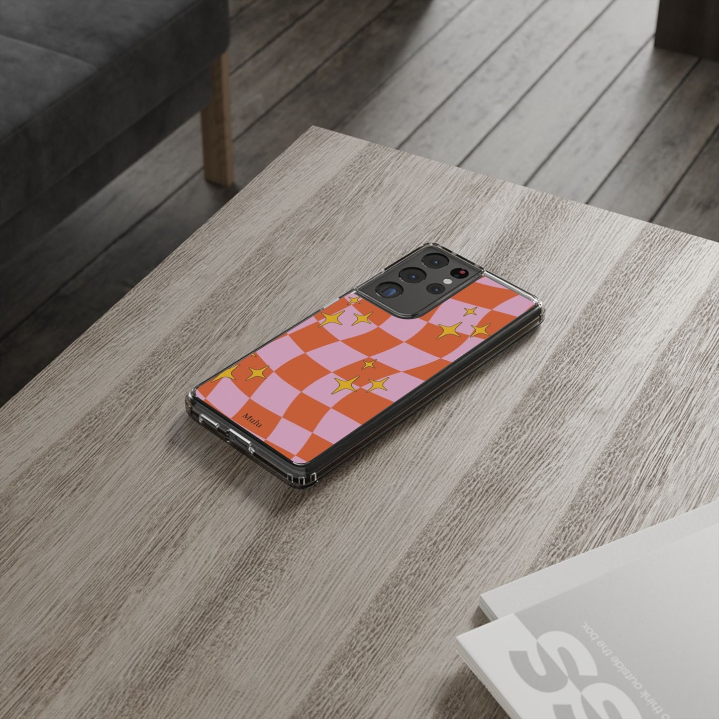 Clear Impact-Resistant Case — Retro Pink & Orange Checker with Sparkle Stars