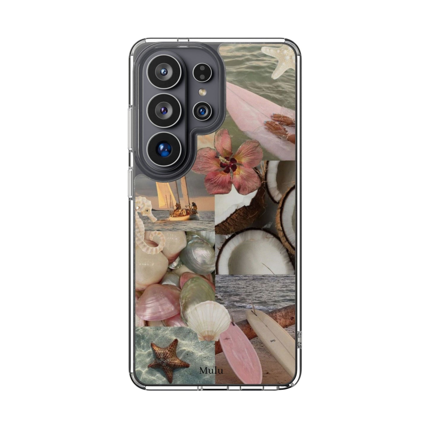 Clear Phone Case — Coastal Collage Shells & Surf Design