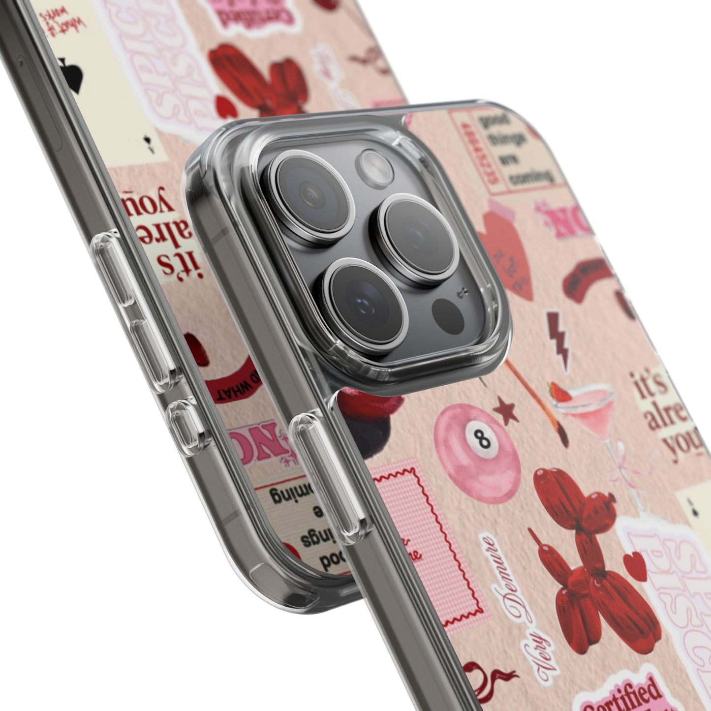 Clear Impact-Resistant Phone Case — Retro Cherry & Sticker Collage