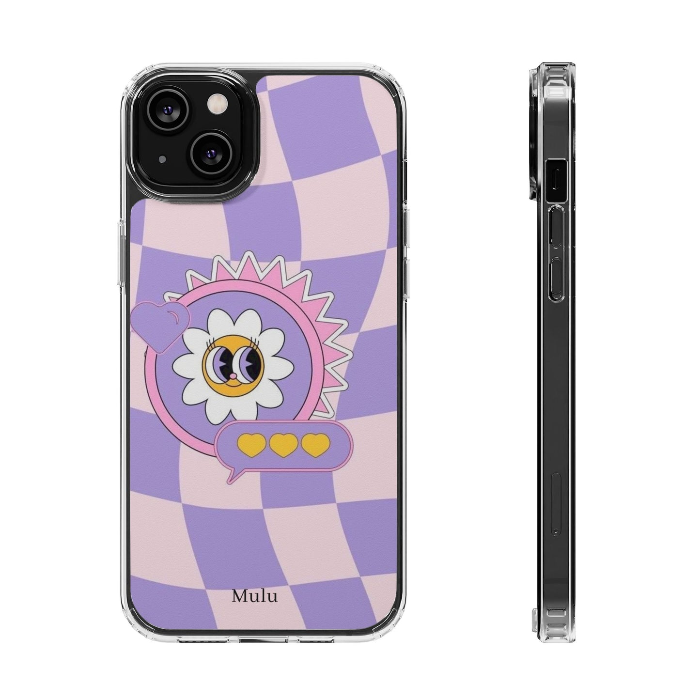 Clear Impact-Resistant Case — Cute Purple Checkerboard Dino with 'Mulu'