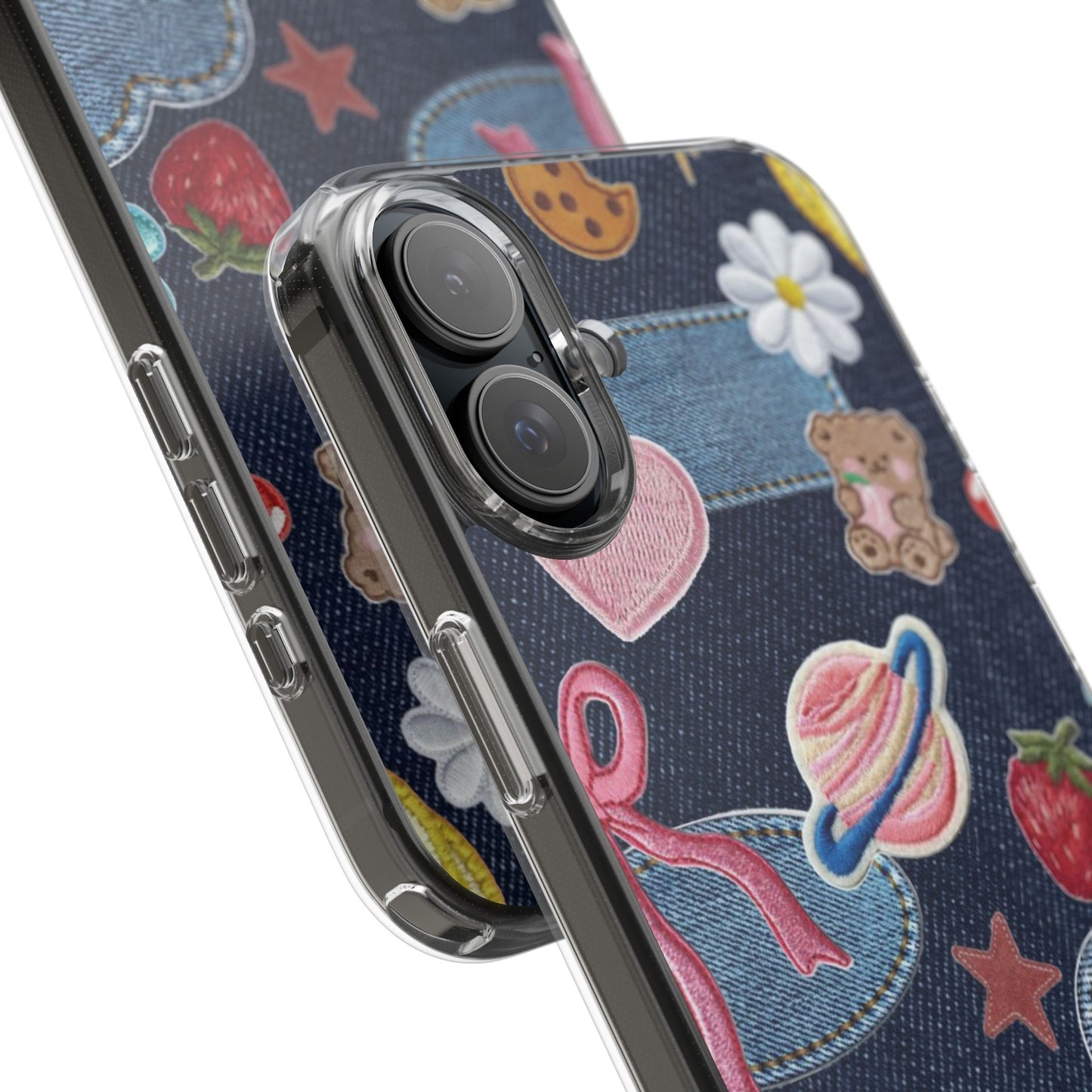 Clear Impact-Resistant Phone Case — Cute Denim Patch Collage (Teddy, Strawberry, Planet)