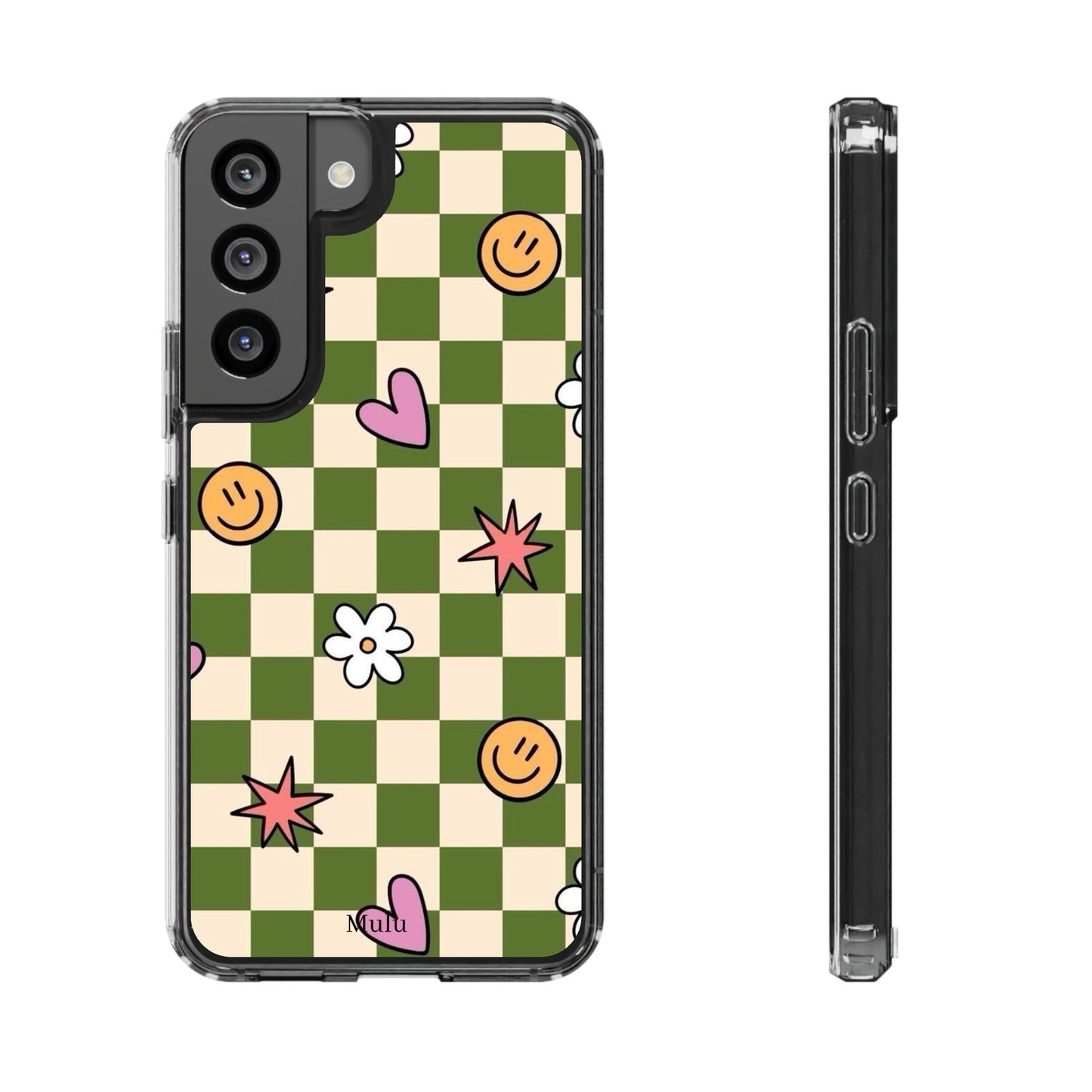 Clear Impact-Resistant Case — Retro Green Checkerboard with Smiley, Hearts & Flowers