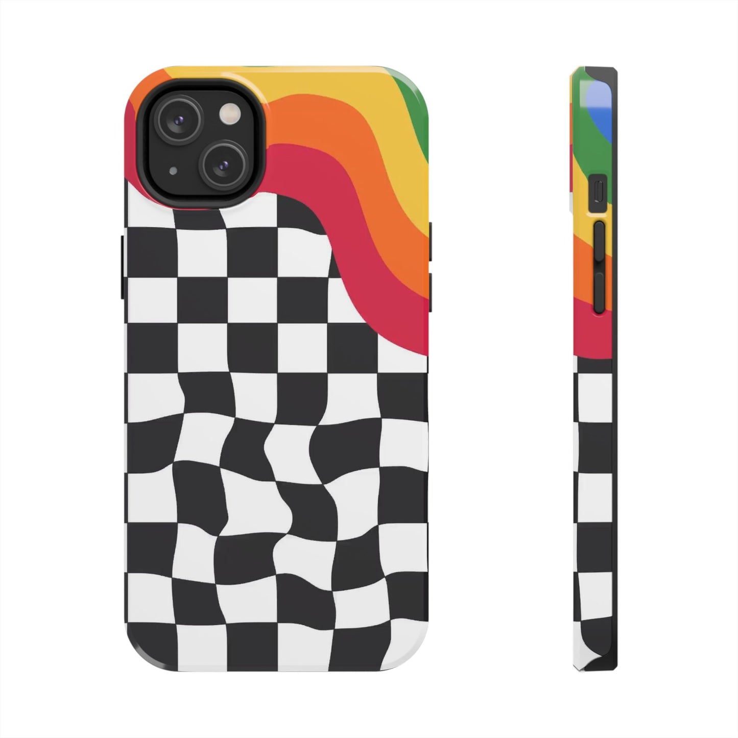 Retro Wavy Checkerboard Tough Phone Case — Rainbow Surf Skate Design