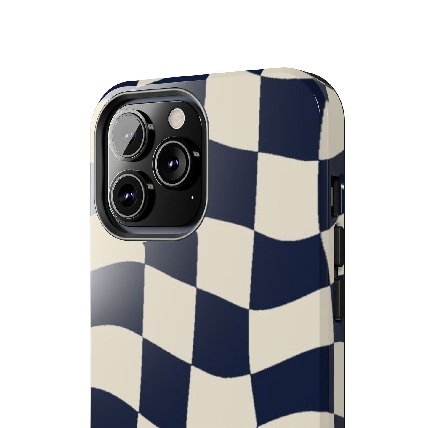 Wavy Checkerboard Tough Phone Case — Navy & Cream Protective Cover