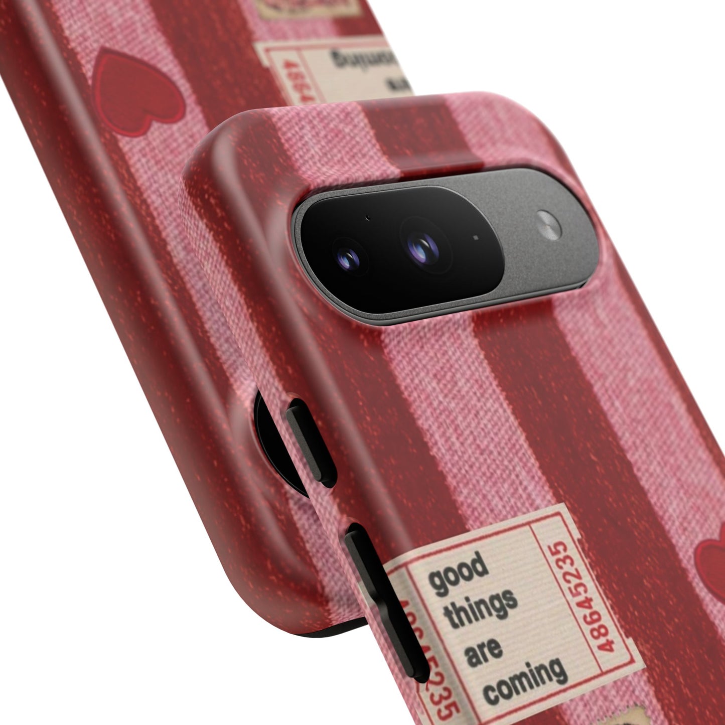 Phone Case — Red Striped Heart Design with “Good Things Are Coming”